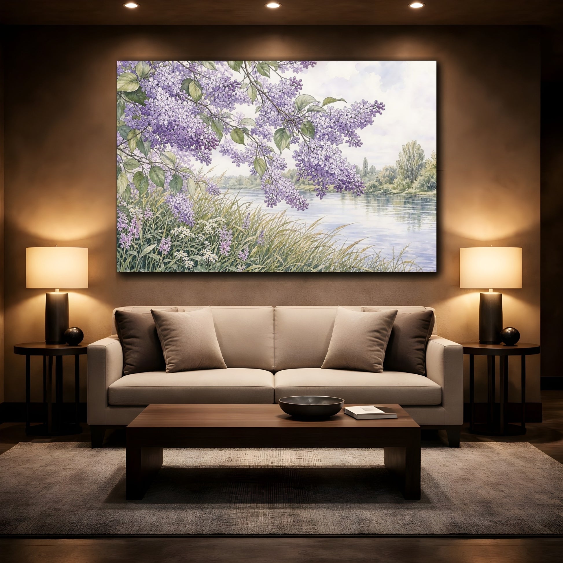 Mockup 2. Floral Lilac Flowers Purple Lilac River shown as stretched canvas wall art