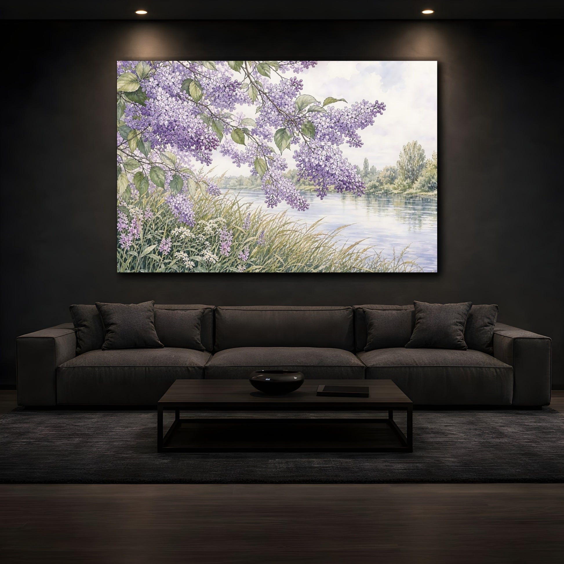 Mockup 3. Floral Lilac Flowers Purple Lilac River shown as stretched canvas wall art