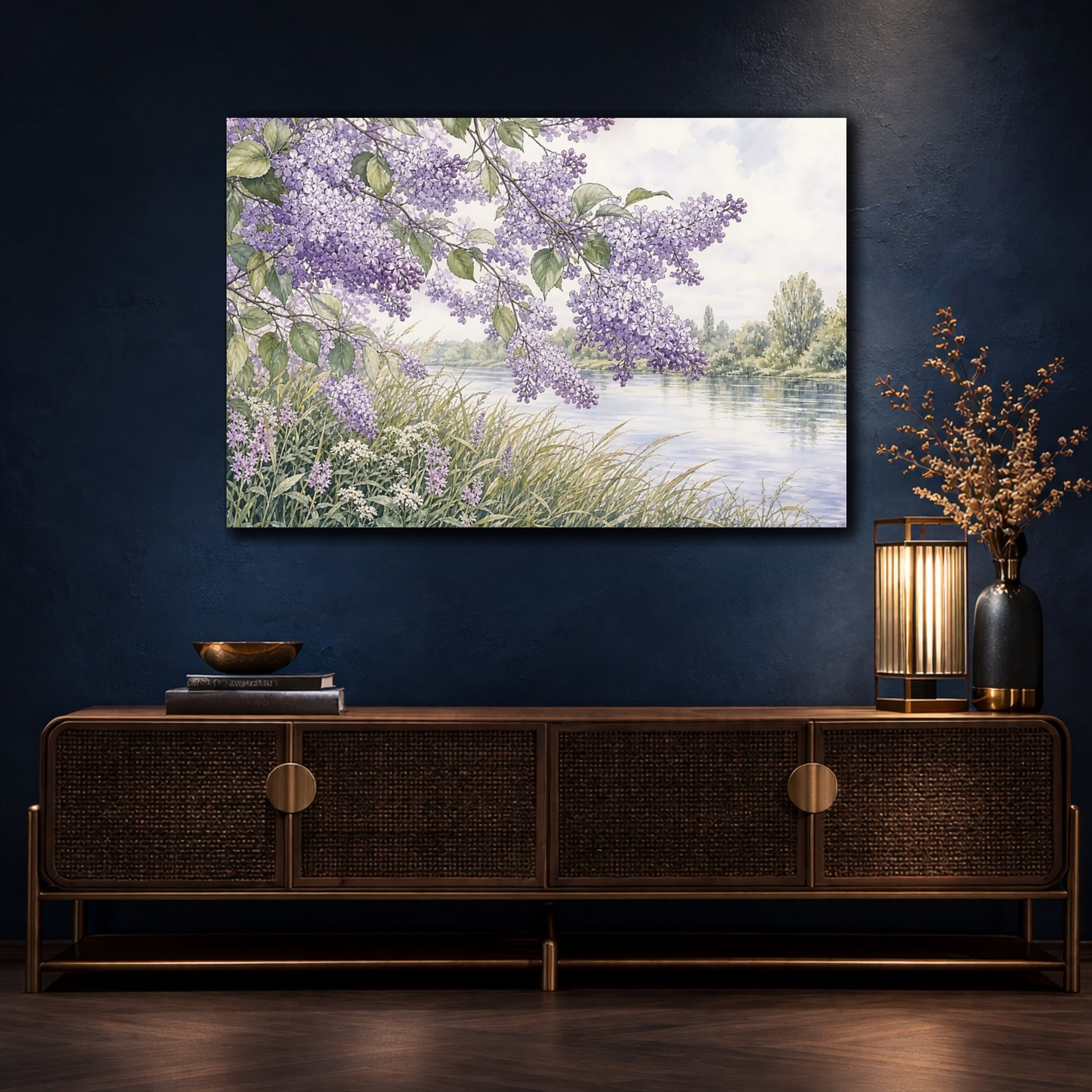 Mockup 4. Floral Lilac Flowers Purple Lilac River shown as stretched canvas wall art