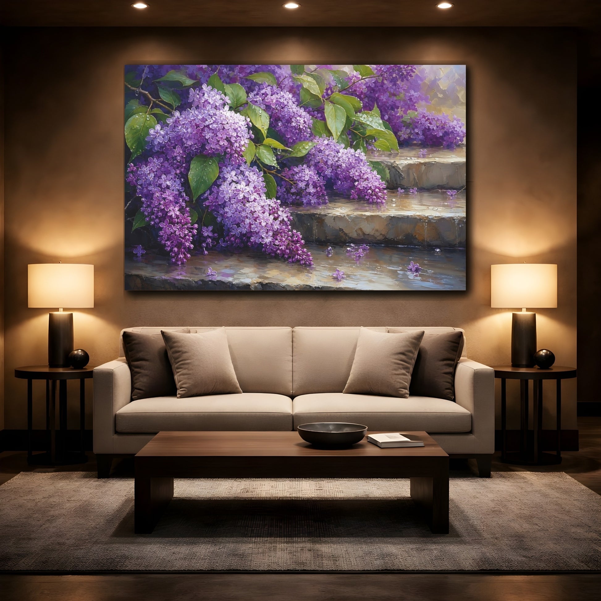Mockup 2. Floral Lilac Flowers Purple Lilac shown as stretched canvas wall art