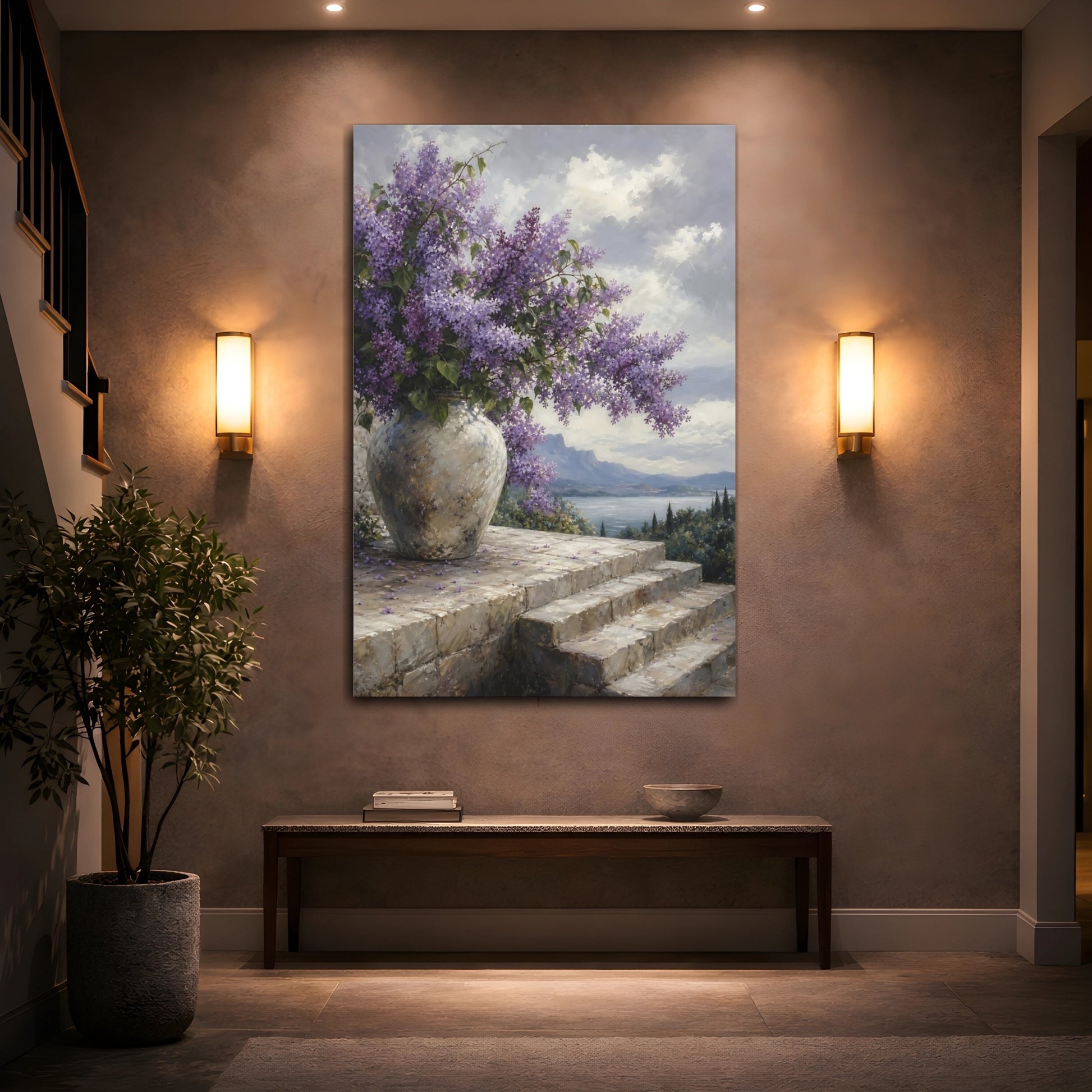 Mockup 2. Floral Lilac Flowers Purple Lilac shown as stretched canvas wall art