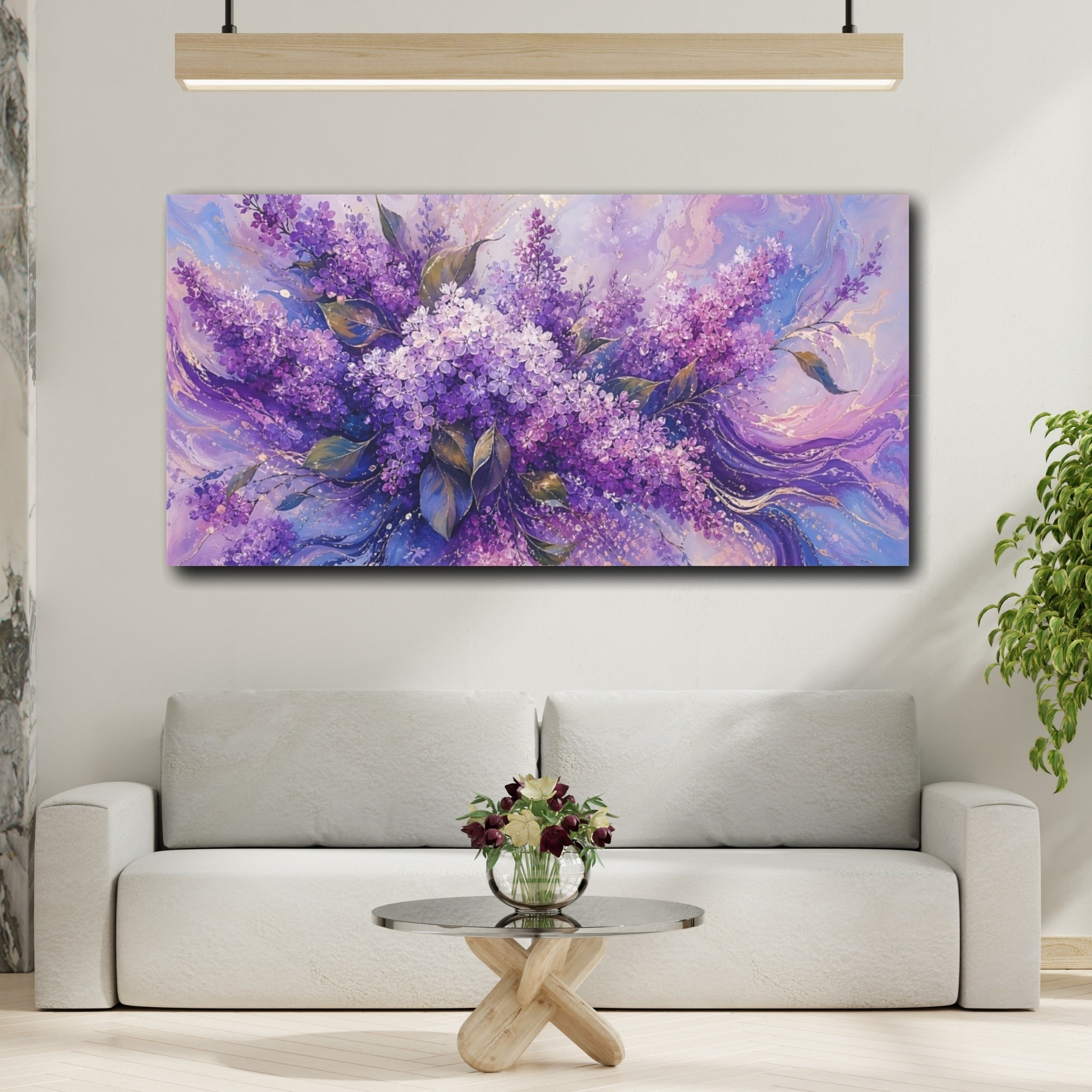 Mockup 2. Floral Lilac Flowers Purple Lilac shown as stretched canvas wall art