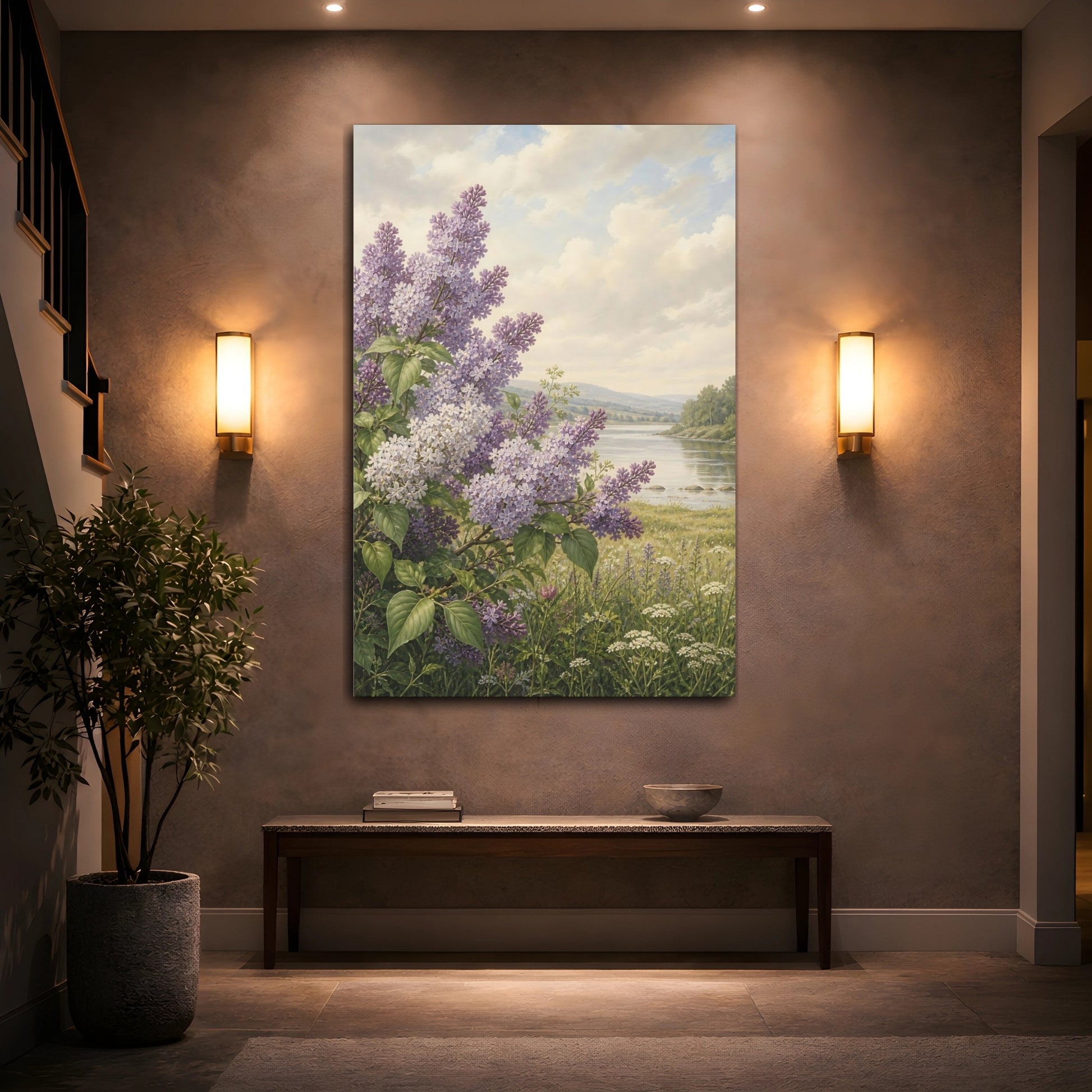 Mockup 2. Floral Lilac Flowers Purple Lilac shown as stretched canvas wall art
