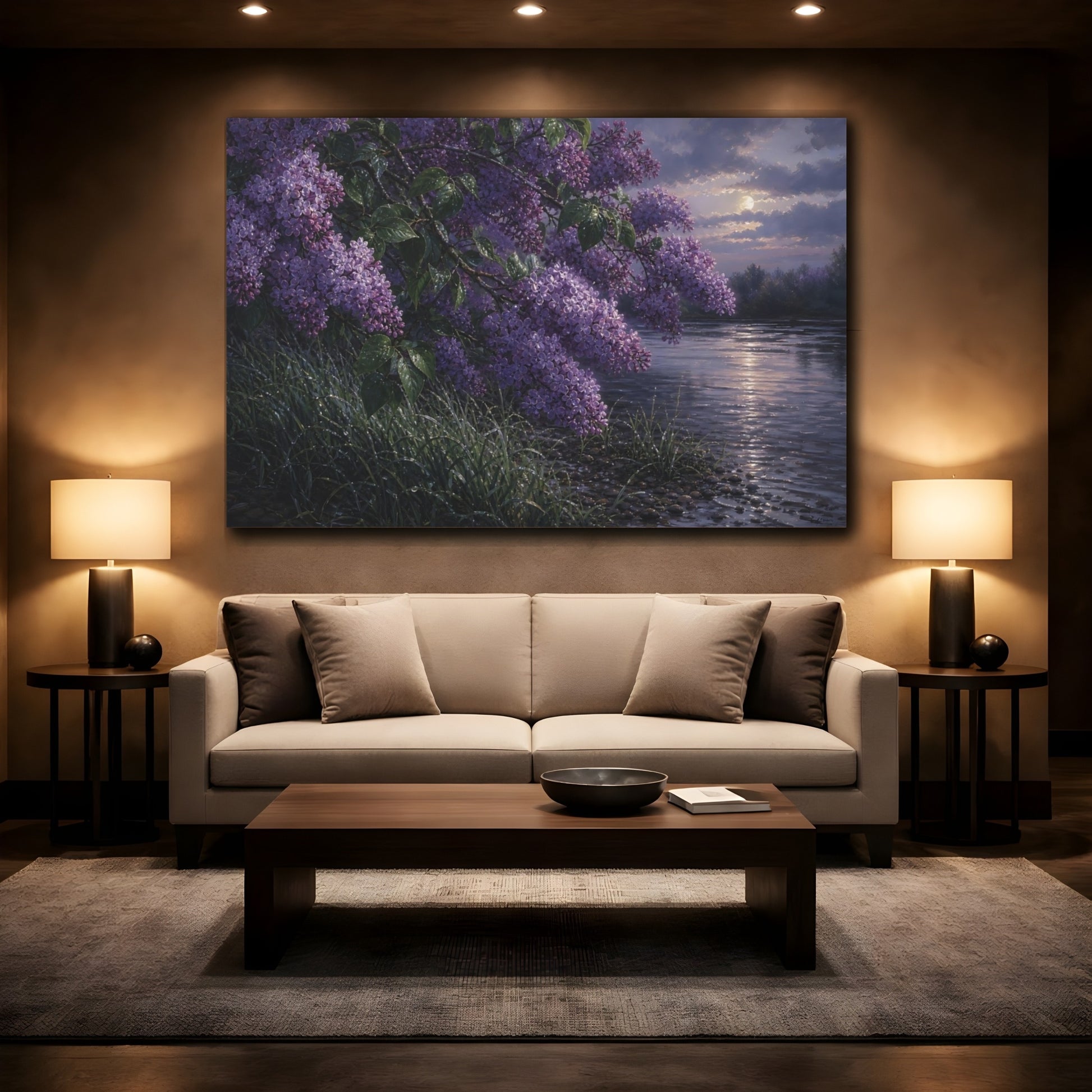 Mockup 2. Floral Lilac Flowers Purple Lilac shown as stretched canvas wall art