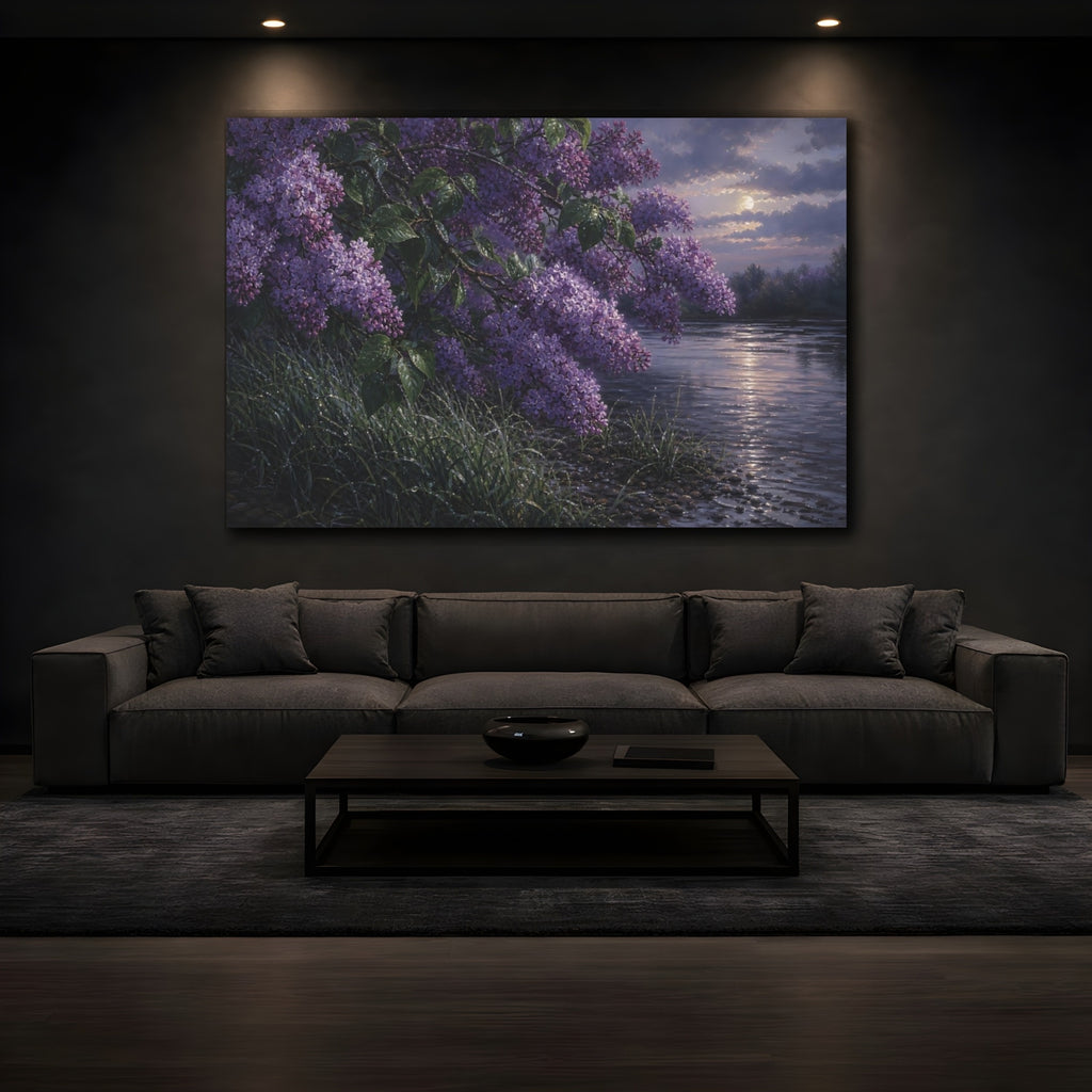 Mockup 3. Floral Lilac Flowers Purple Lilac shown as stretched canvas wall art