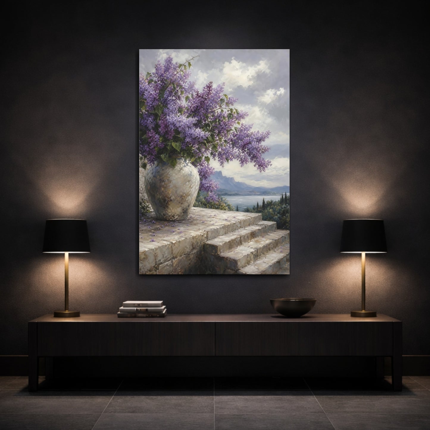Mockup 3. Floral Lilac Flowers Purple Lilac shown as stretched canvas wall art
