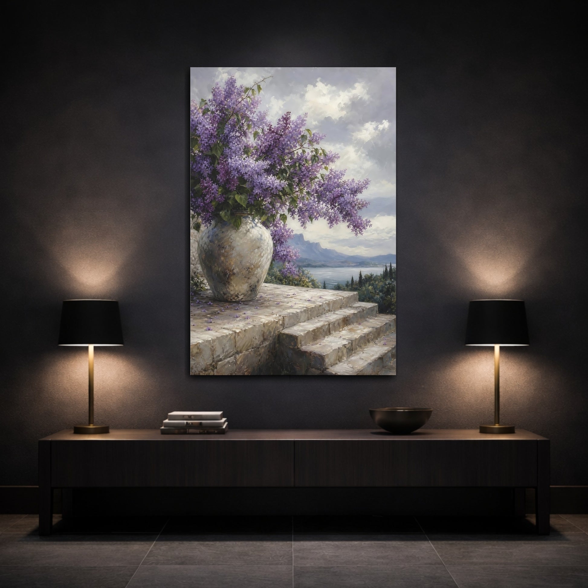 Mockup 3. Floral Lilac Flowers Purple Lilac shown as stretched canvas wall art