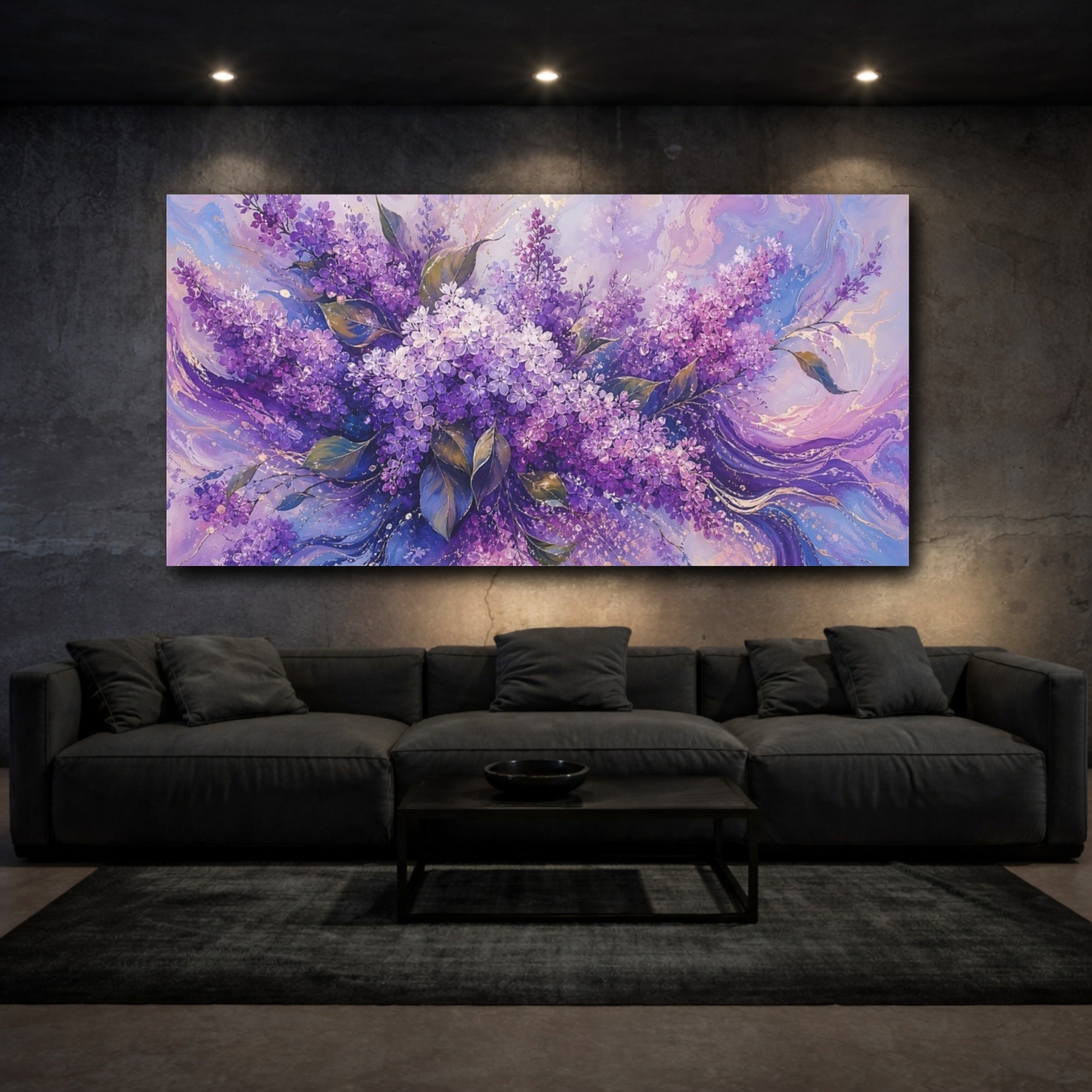 Mockup 3. Floral Lilac Flowers Purple Lilac shown as stretched canvas wall art