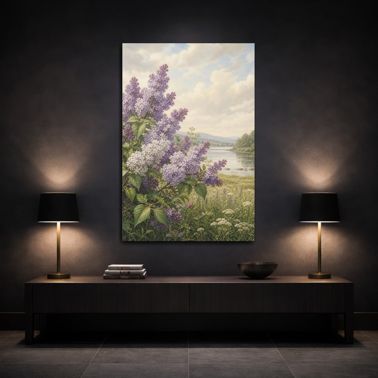 Mockup 3. Floral Lilac Flowers Purple Lilac shown as stretched canvas wall art