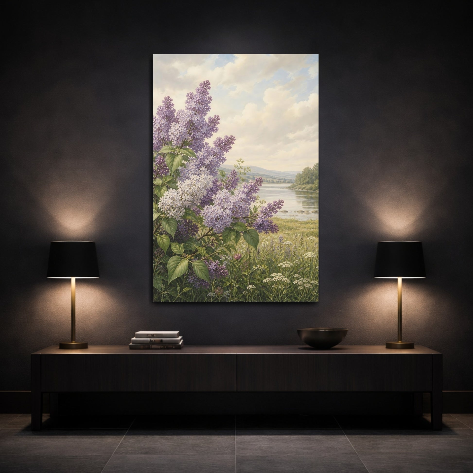 Mockup 3. Floral Lilac Flowers Purple Lilac shown as stretched canvas wall art