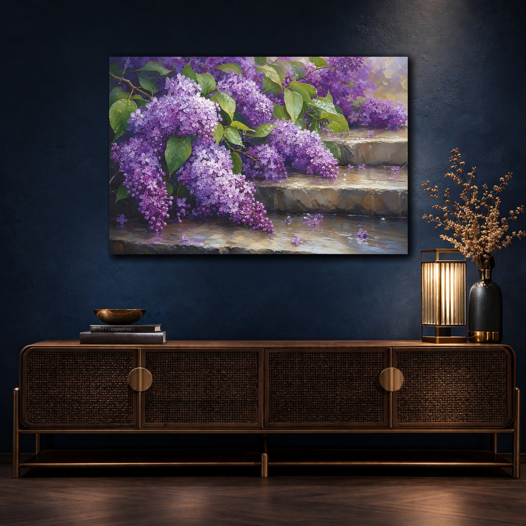 Mockup 4. Floral Lilac Flowers Purple Lilac shown as stretched canvas wall art