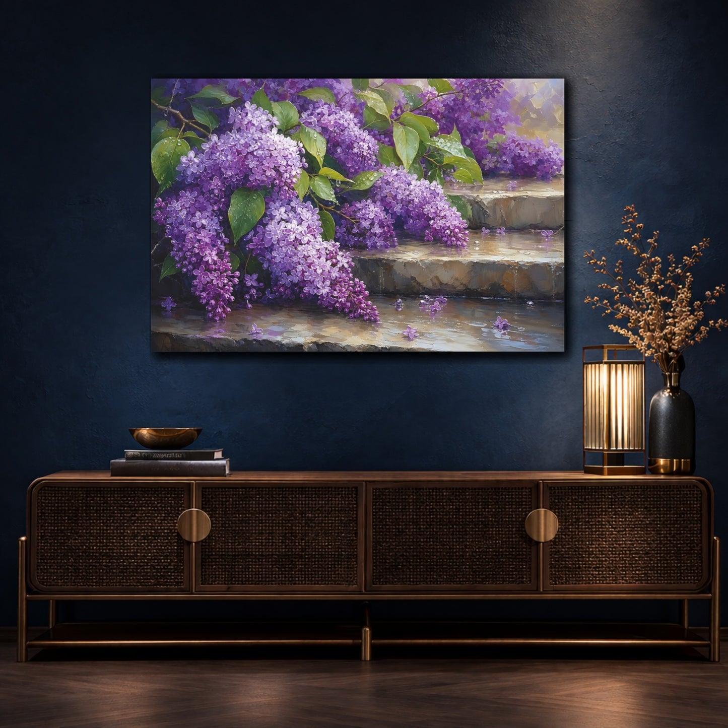 Mockup 4. Floral Lilac Flowers Purple Lilac shown as stretched canvas wall art