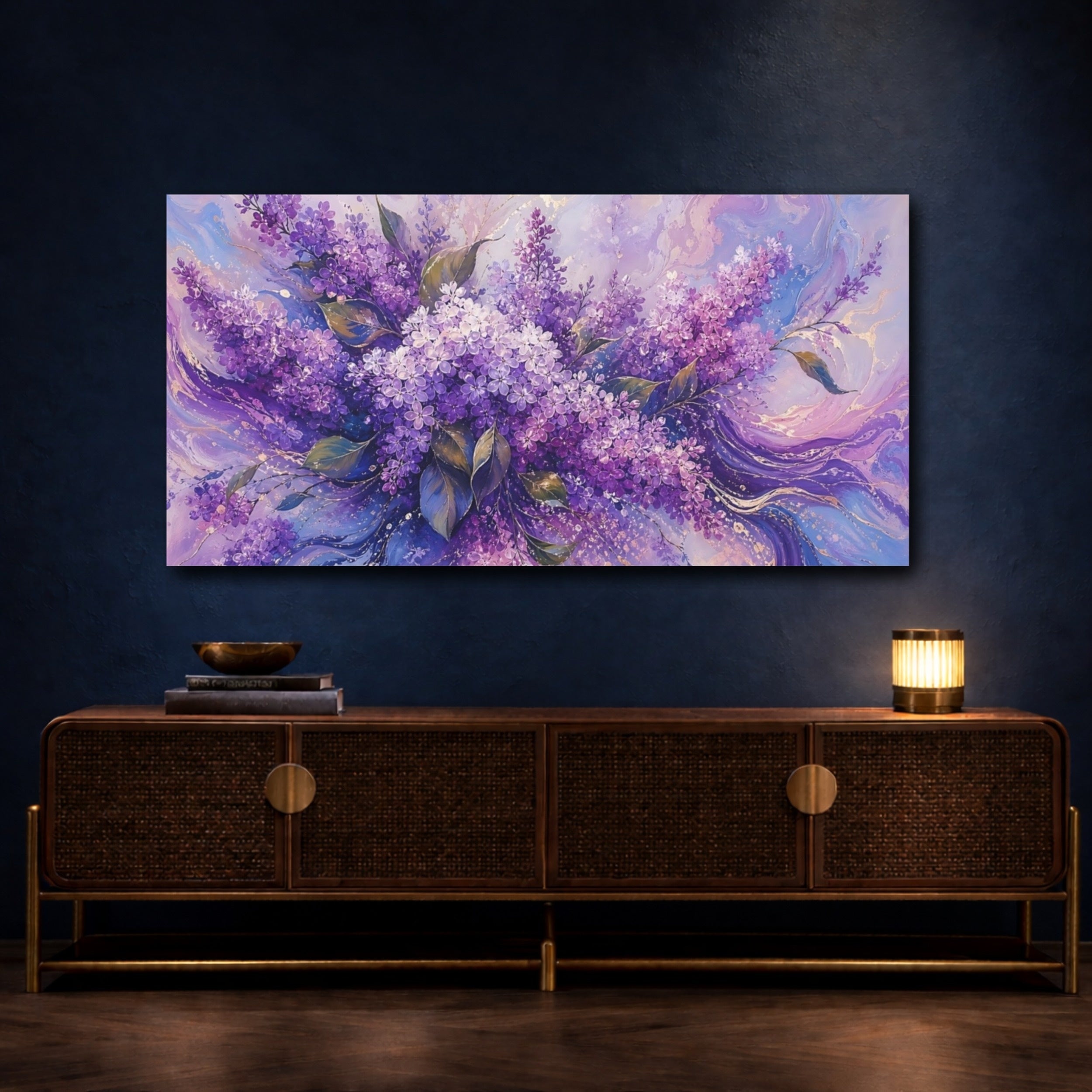Mockup 4. Floral Lilac Flowers Purple Lilac shown as stretched canvas wall art