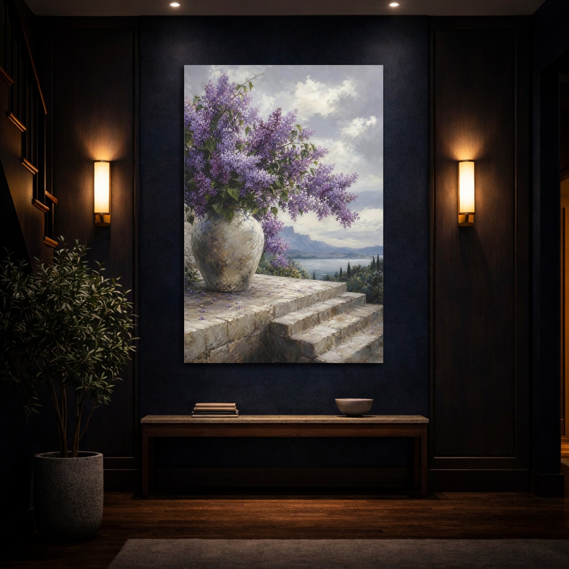 Mockup 4. Floral Lilac Flowers Purple Lilac shown as stretched canvas wall art