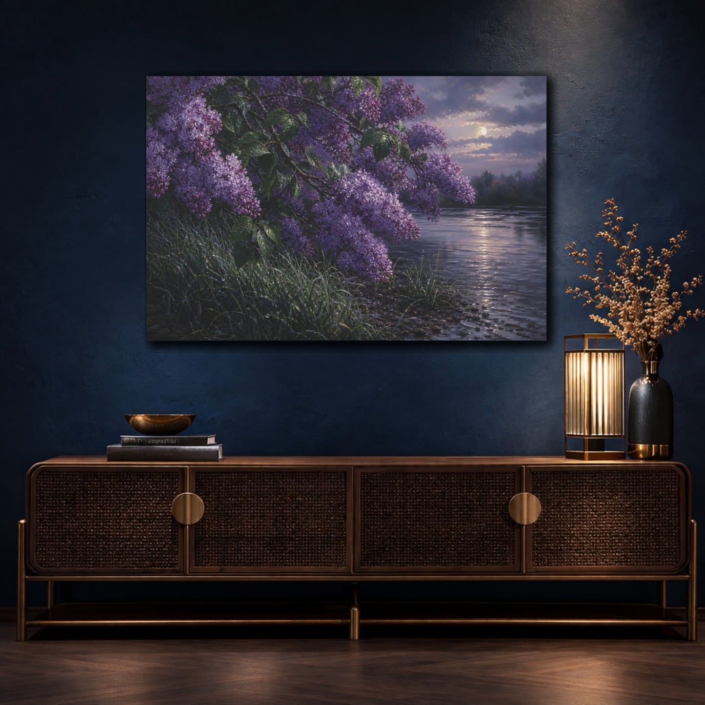 Mockup 4. Floral Lilac Flowers Purple Lilac shown as stretched canvas wall art