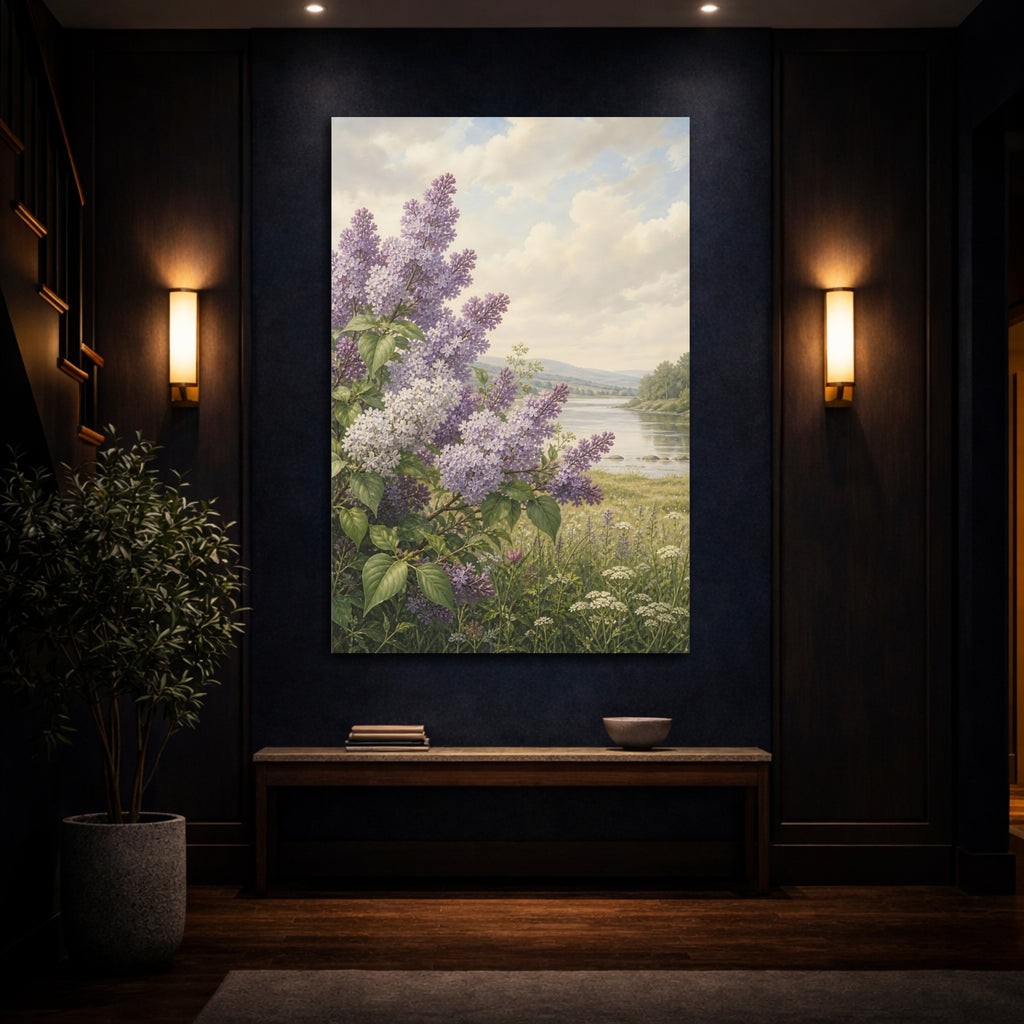 Mockup 4. Floral Lilac Flowers Purple Lilac shown as stretched canvas wall art