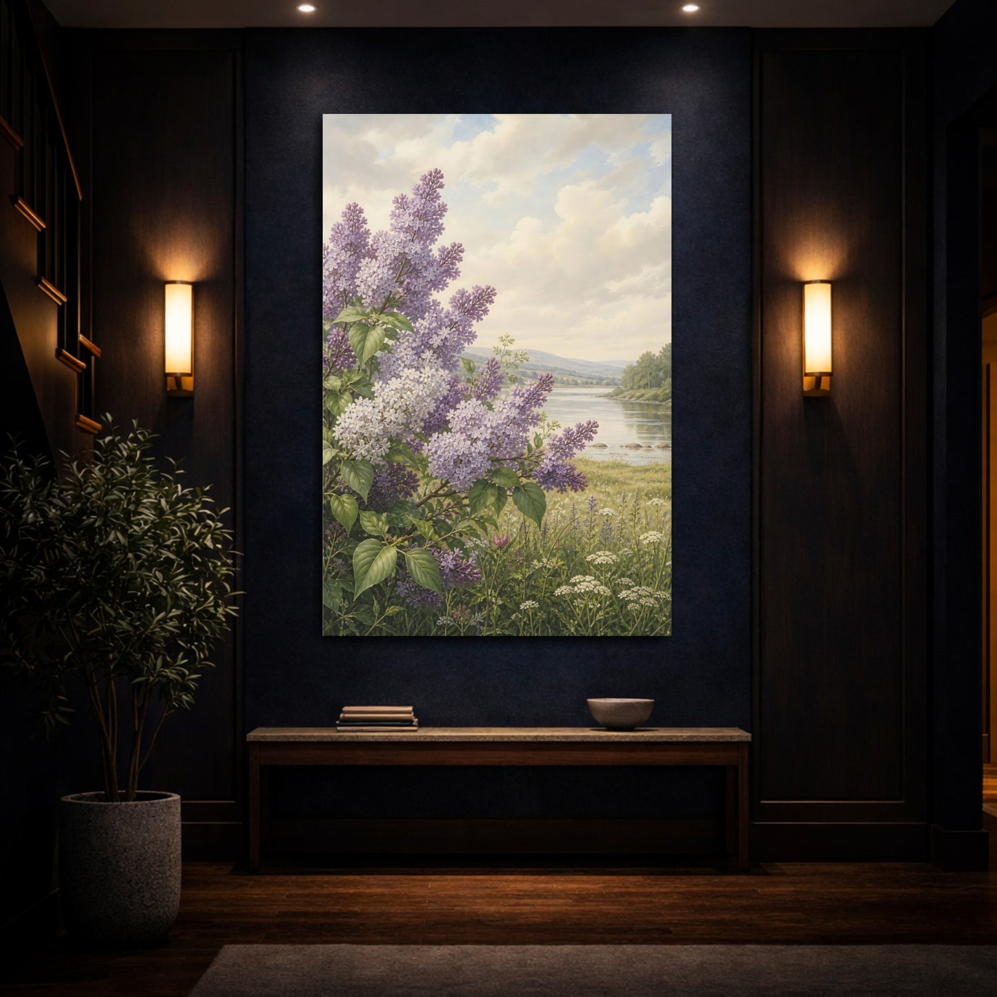 Mockup 4. Floral Lilac Flowers Purple Lilac shown as stretched canvas wall art