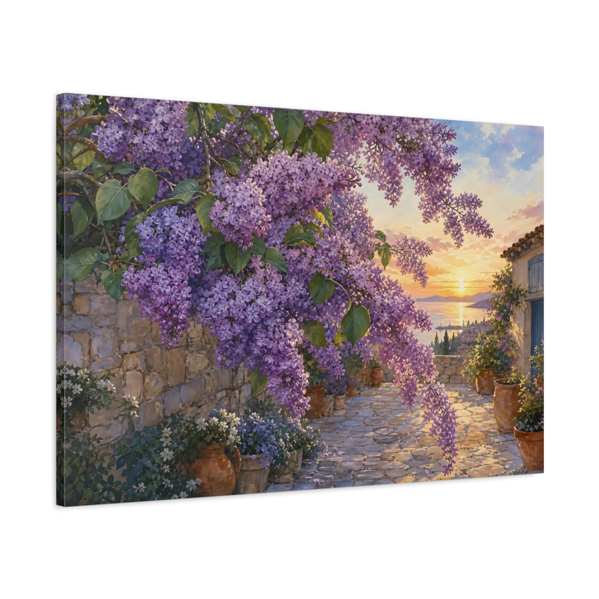 Main Mockup. Floral Lilac Flowers Purple Lilac Sunset shown as stretched canvas wall art