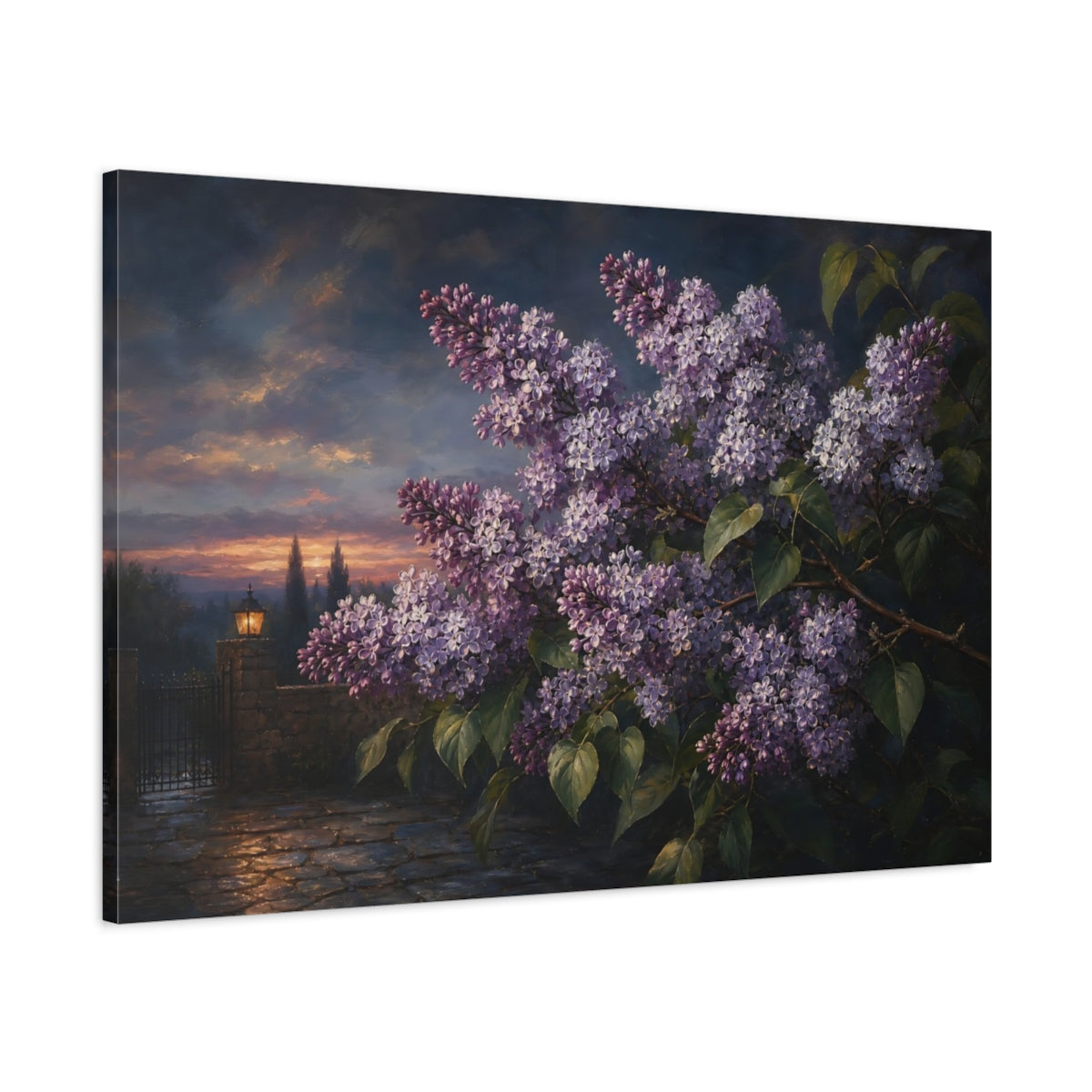 Main Mockup. Floral Lilac Flowers Purple Lilac Sunset shown as stretched canvas wall art