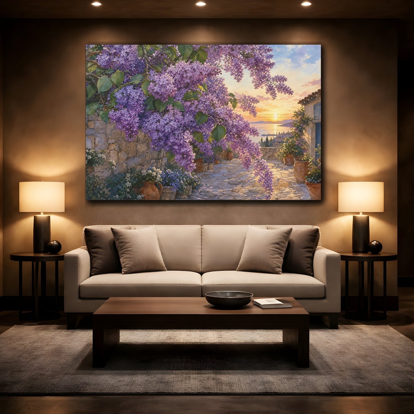 Mockup 2. Floral Lilac Flowers Purple Lilac Sunset shown as stretched canvas wall art
