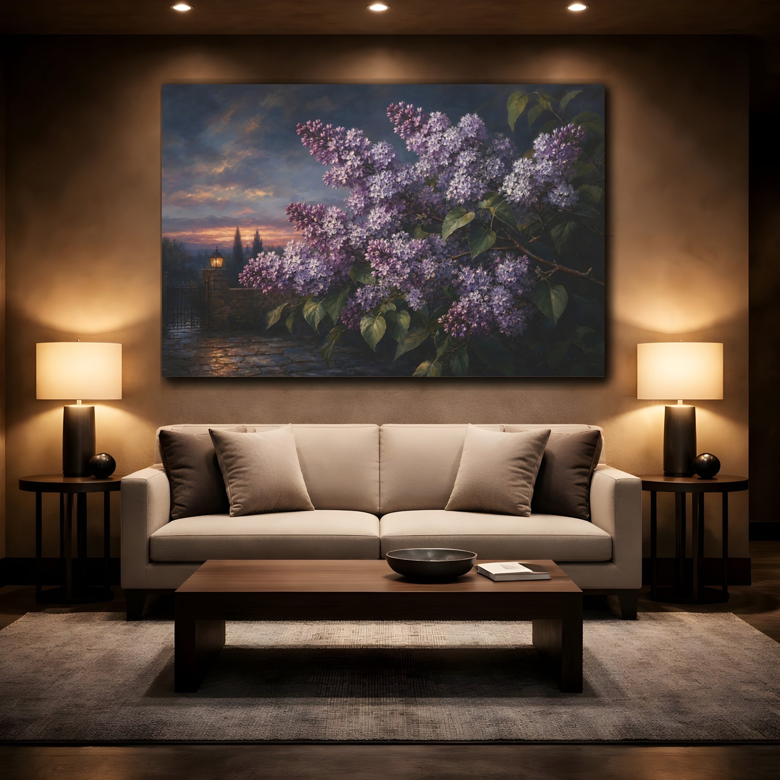 Mockup 2. Floral Lilac Flowers Purple Lilac Sunset shown as stretched canvas wall art