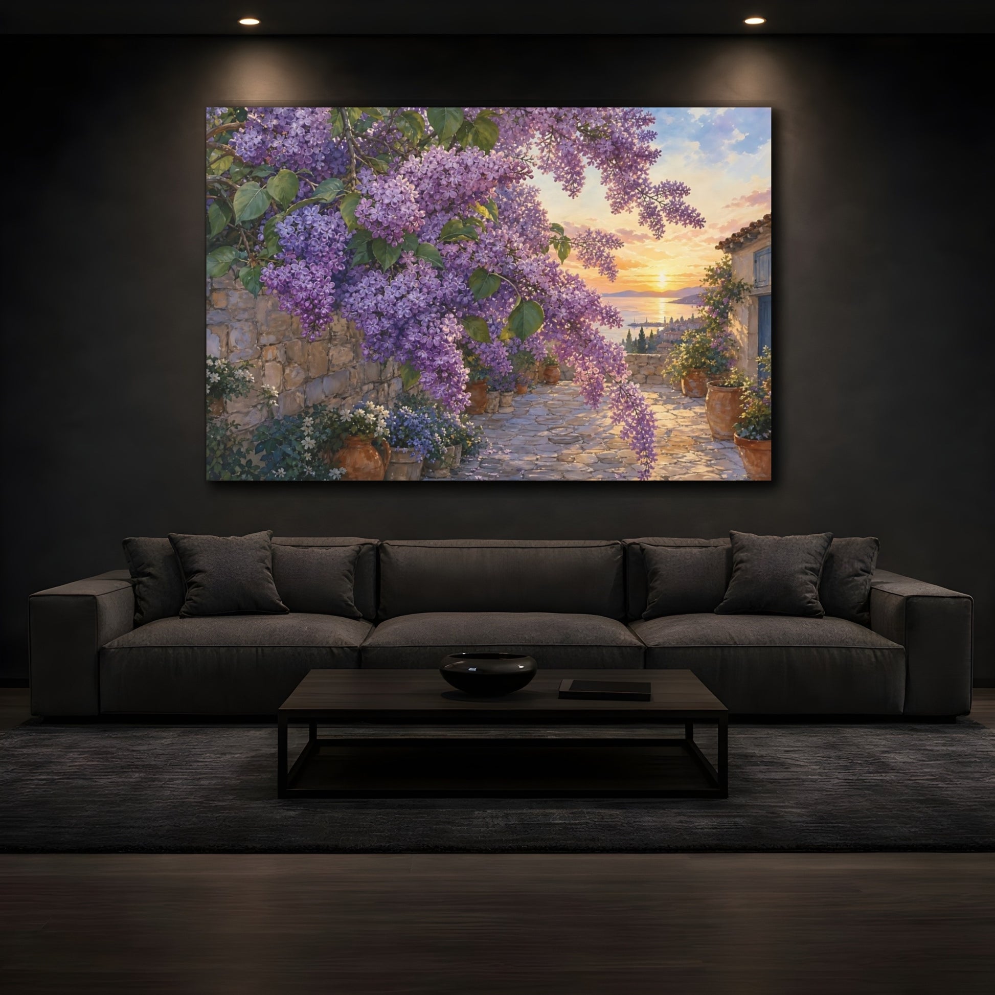 Mockup 3. Floral Lilac Flowers Purple Lilac Sunset shown as stretched canvas wall art
