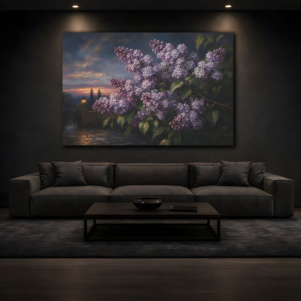 Mockup 3. Floral Lilac Flowers Purple Lilac Sunset shown as stretched canvas wall art