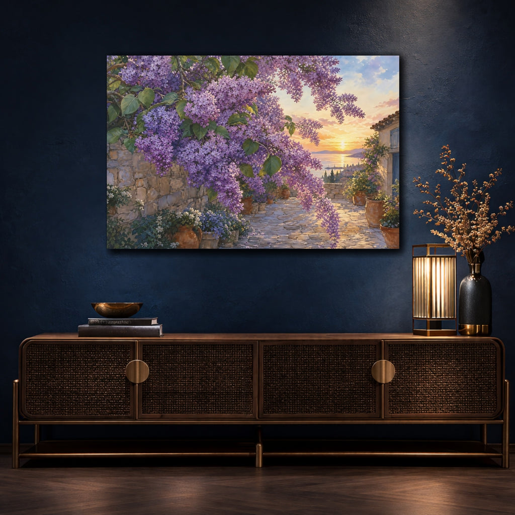 Mockup 4. Floral Lilac Flowers Purple Lilac Sunset shown as stretched canvas wall art
