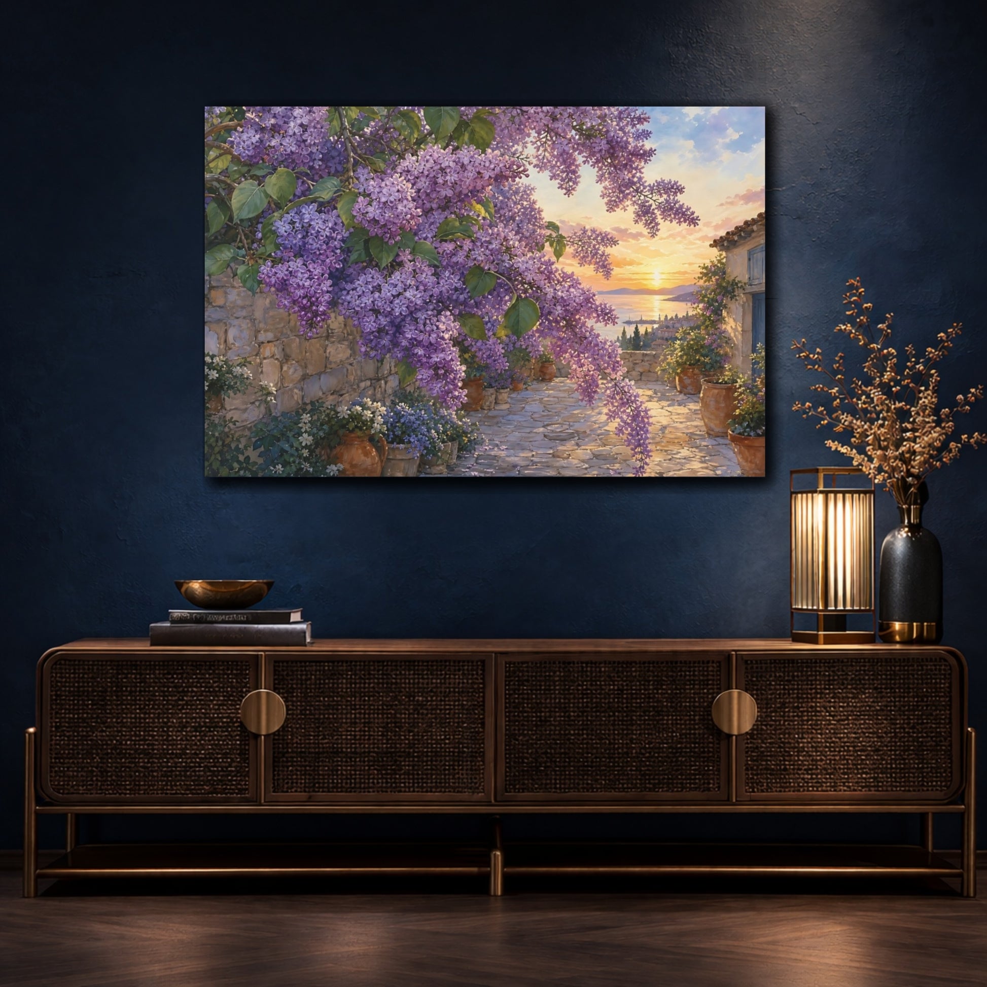 Mockup 4. Floral Lilac Flowers Purple Lilac Sunset shown as stretched canvas wall art