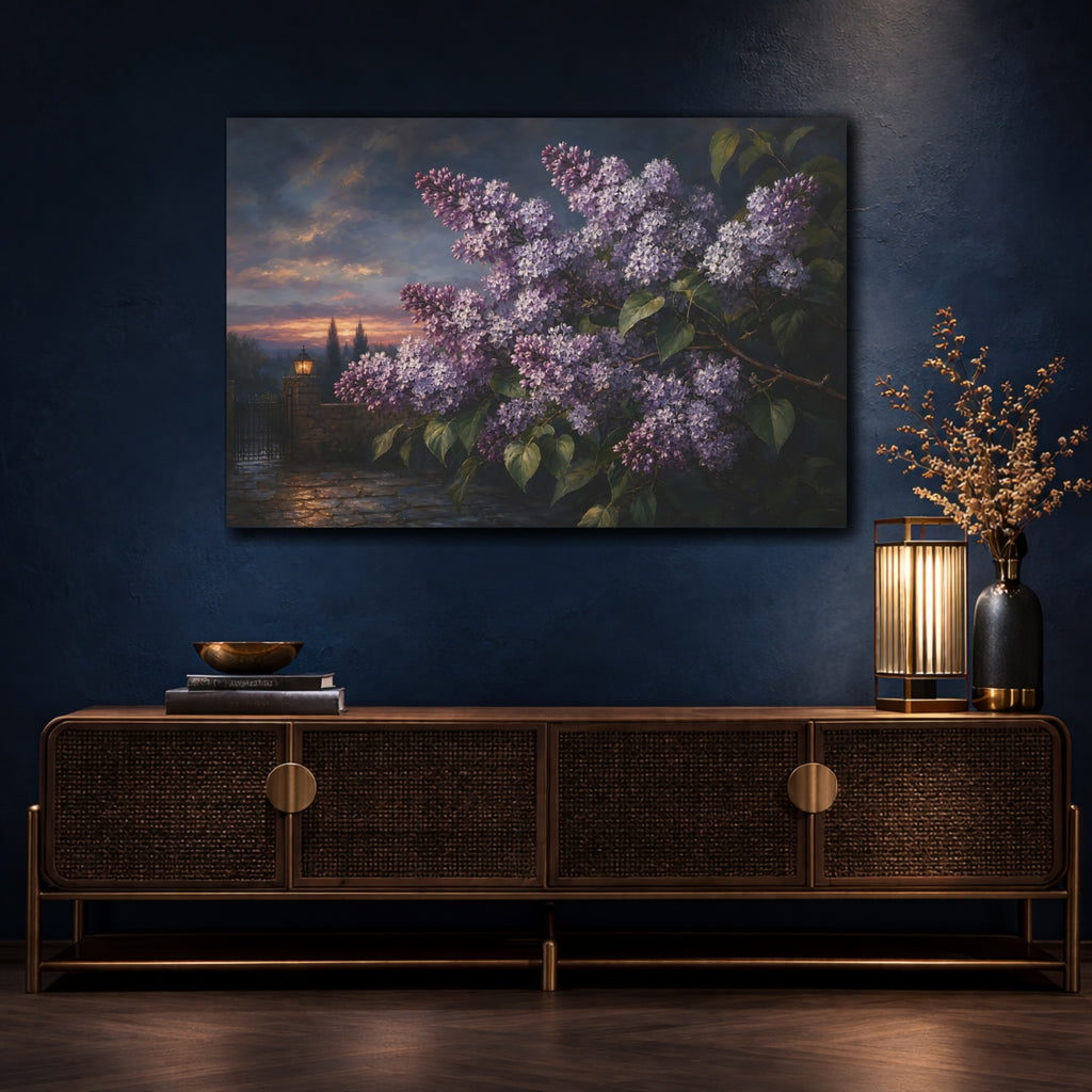 Mockup 4. Floral Lilac Flowers Purple Lilac Sunset shown as stretched canvas wall art