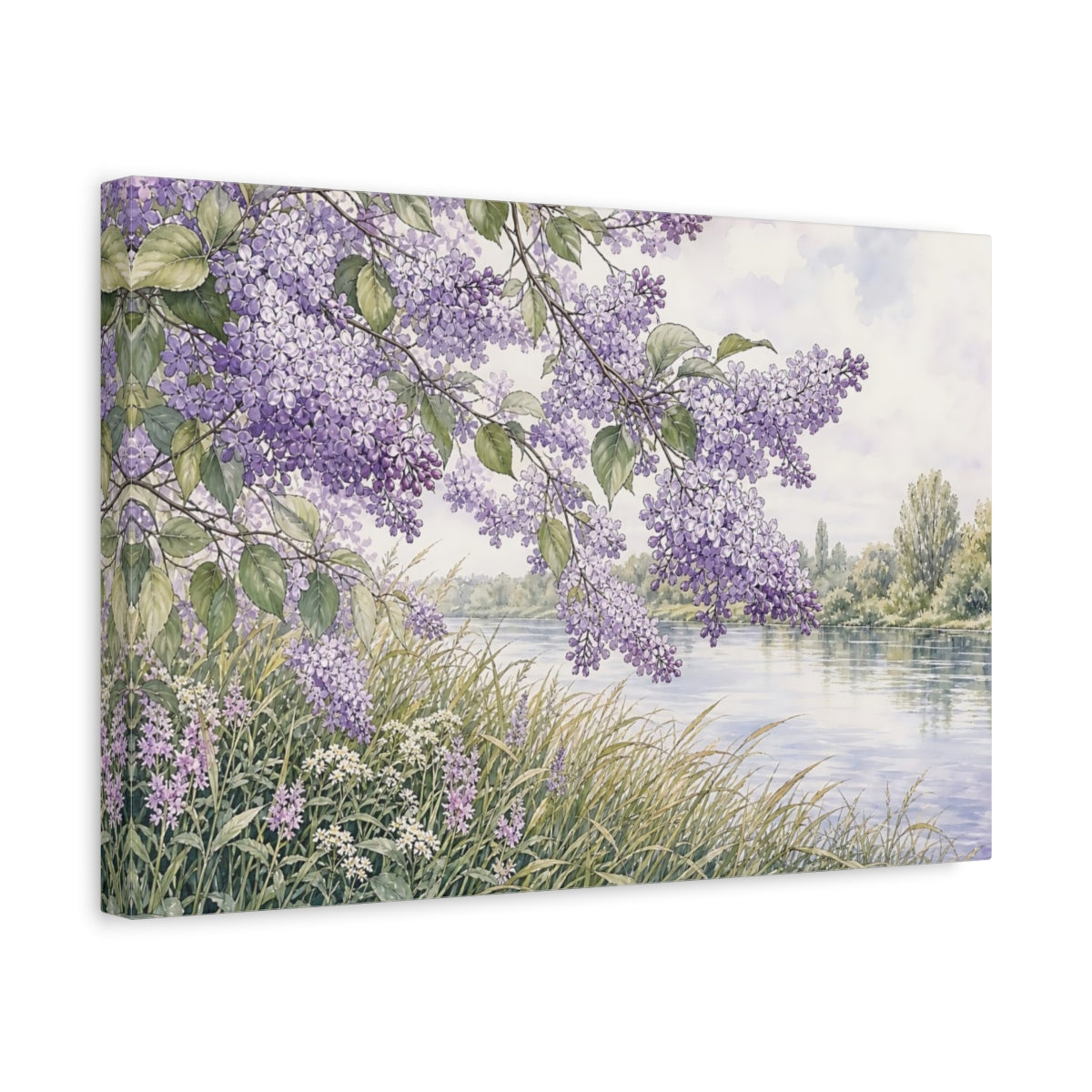 Side Mockup 4. Floral Lilac Flowers Purple Lilac River shown as stretched canvas wall art