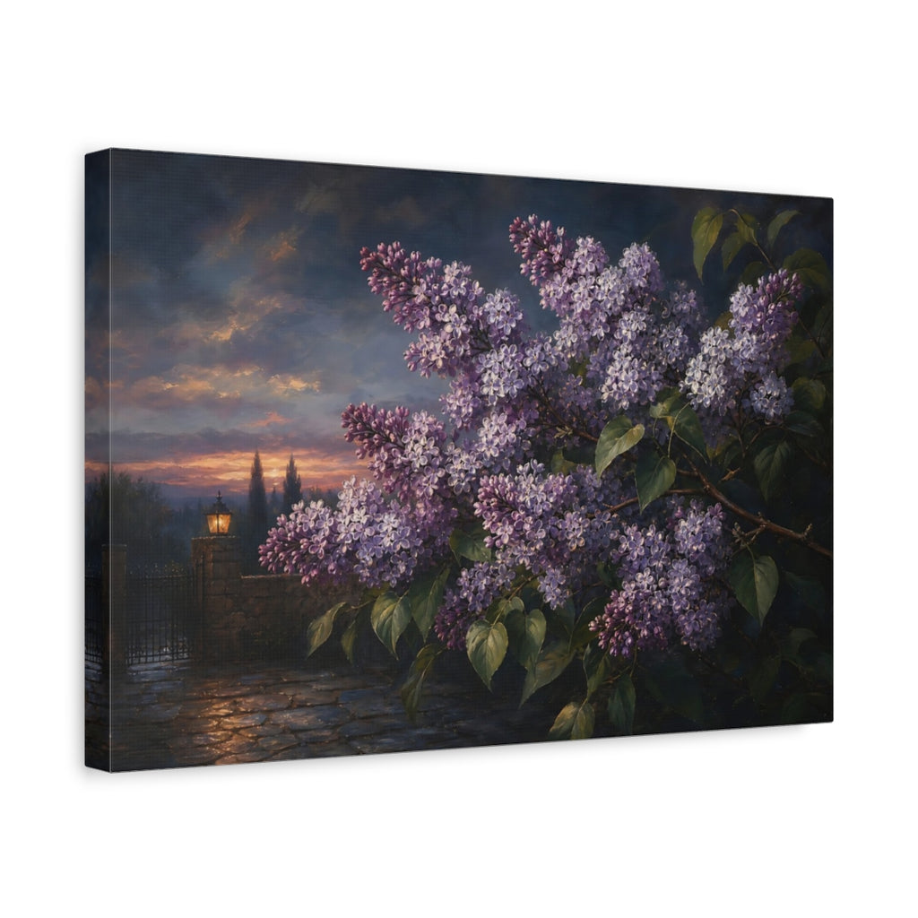 Side Mockup 4. Floral Lilac Flowers Purple Lilac Sunset shown as stretched canvas wall art