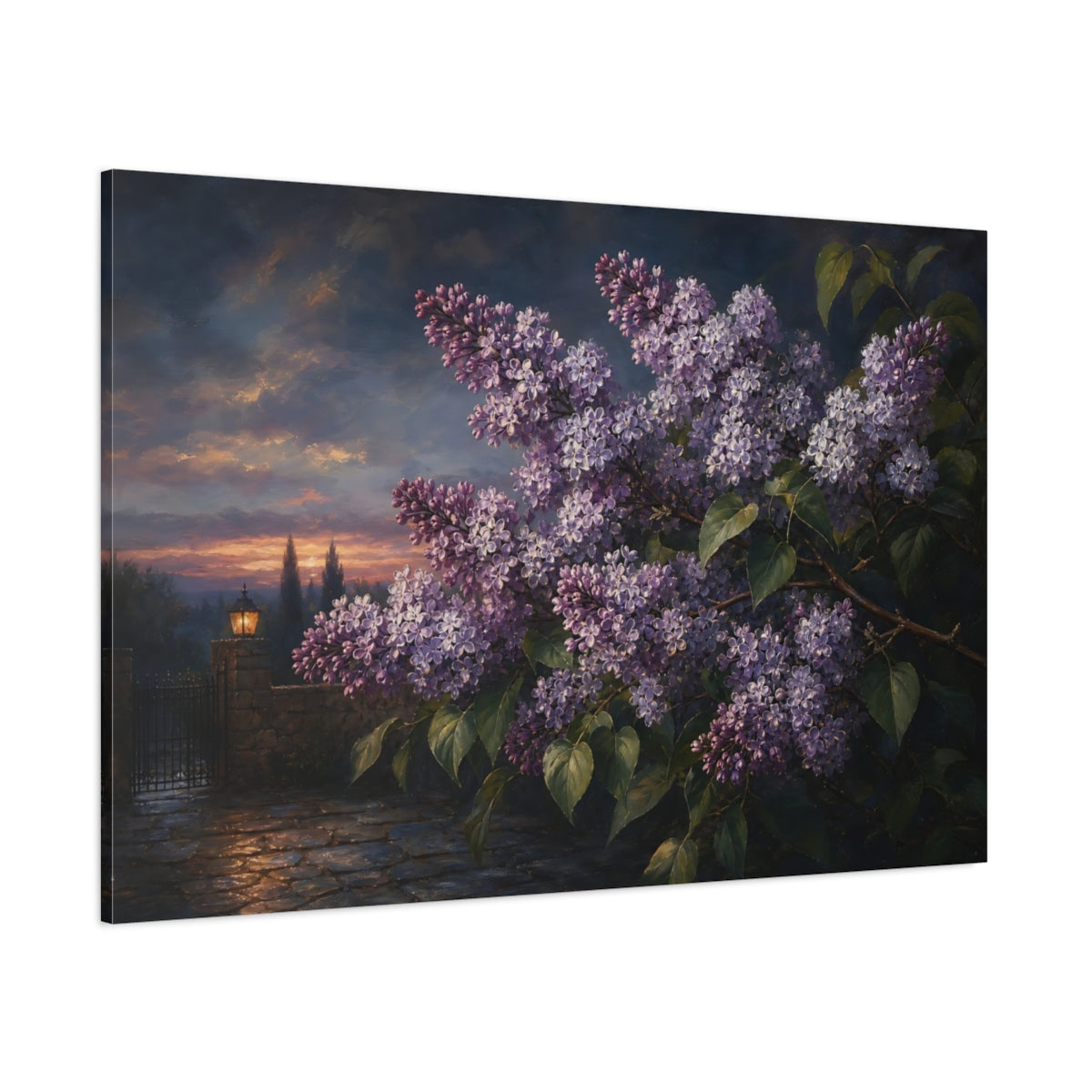 Side Mockup 1. Floral Lilac Flowers Purple Lilac Sunset shown as stretched canvas wall art