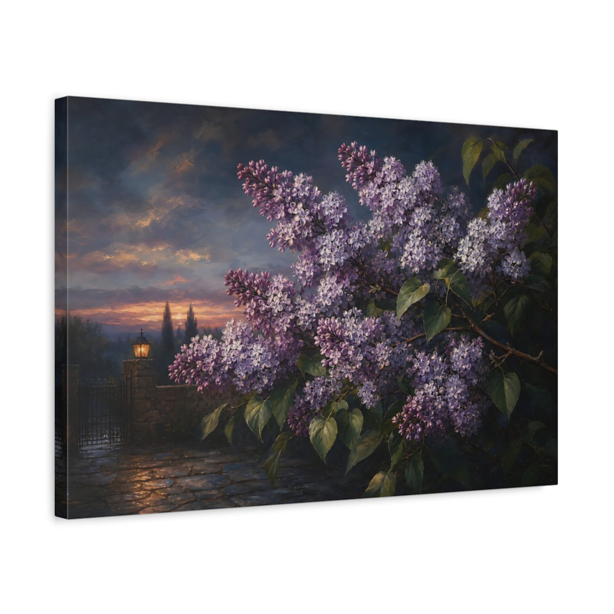 Side Mockup 3. Floral Lilac Flowers Purple Lilac Sunset shown as stretched canvas wall art