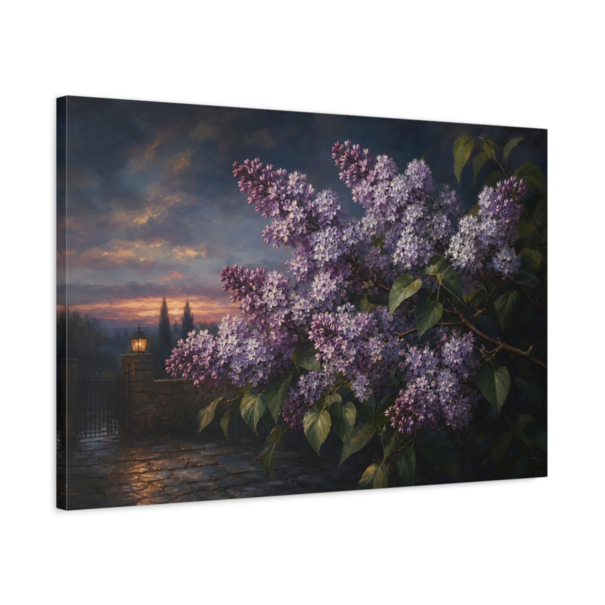Side Mockup 2. Floral Lilac Flowers Purple Lilac Sunset shown as stretched canvas wall art