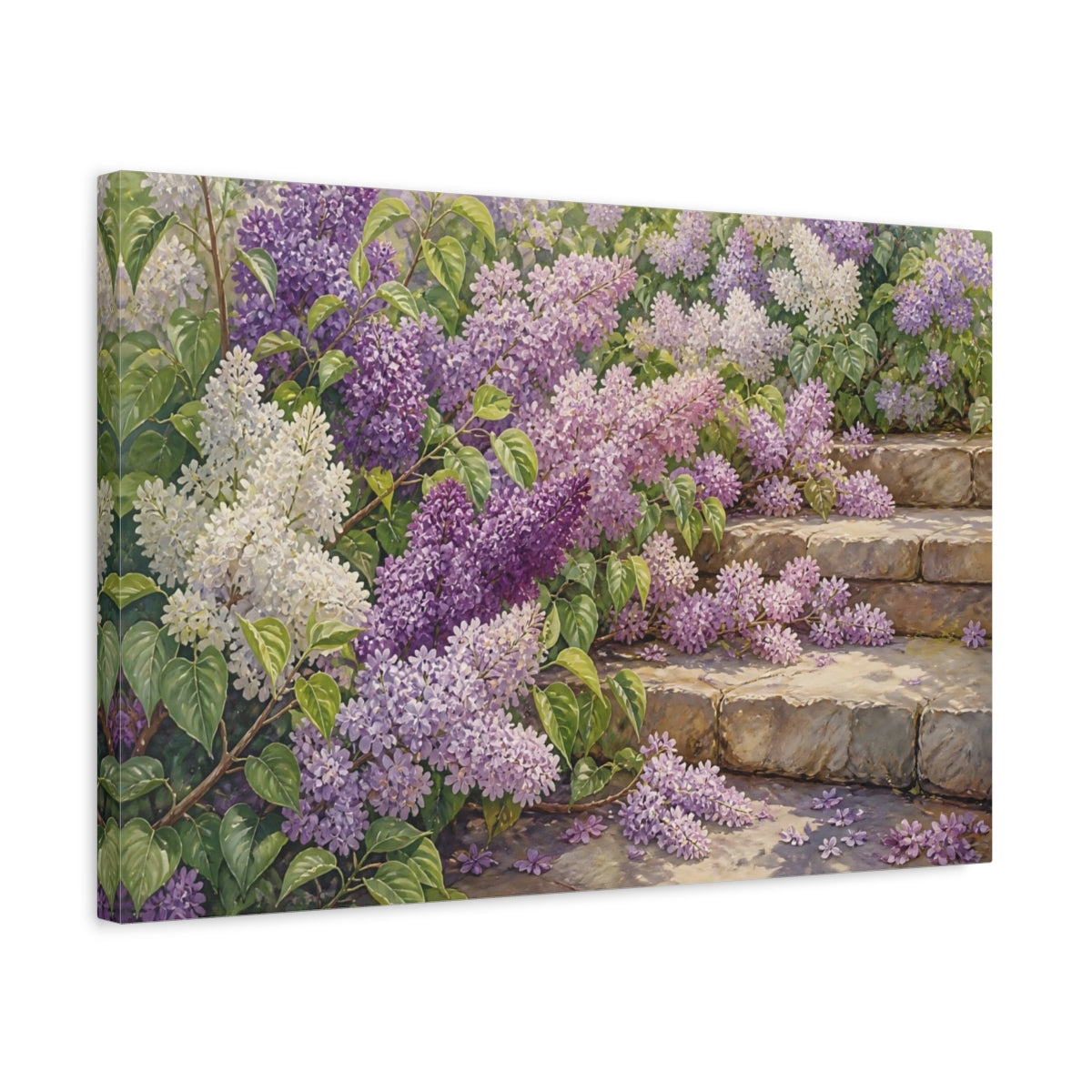 Side Mockup 3. Floral Lilacs Lilac Garden shown as stretched canvas wall art
