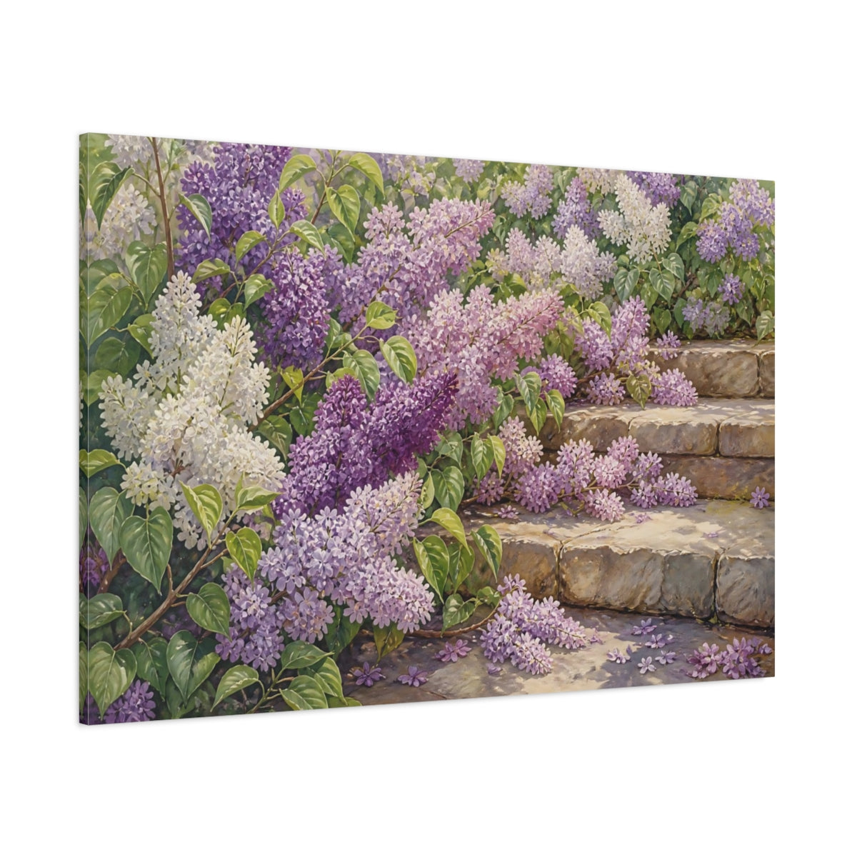 Side Mockup 1. Floral Lilacs Lilac Garden shown as stretched canvas wall art