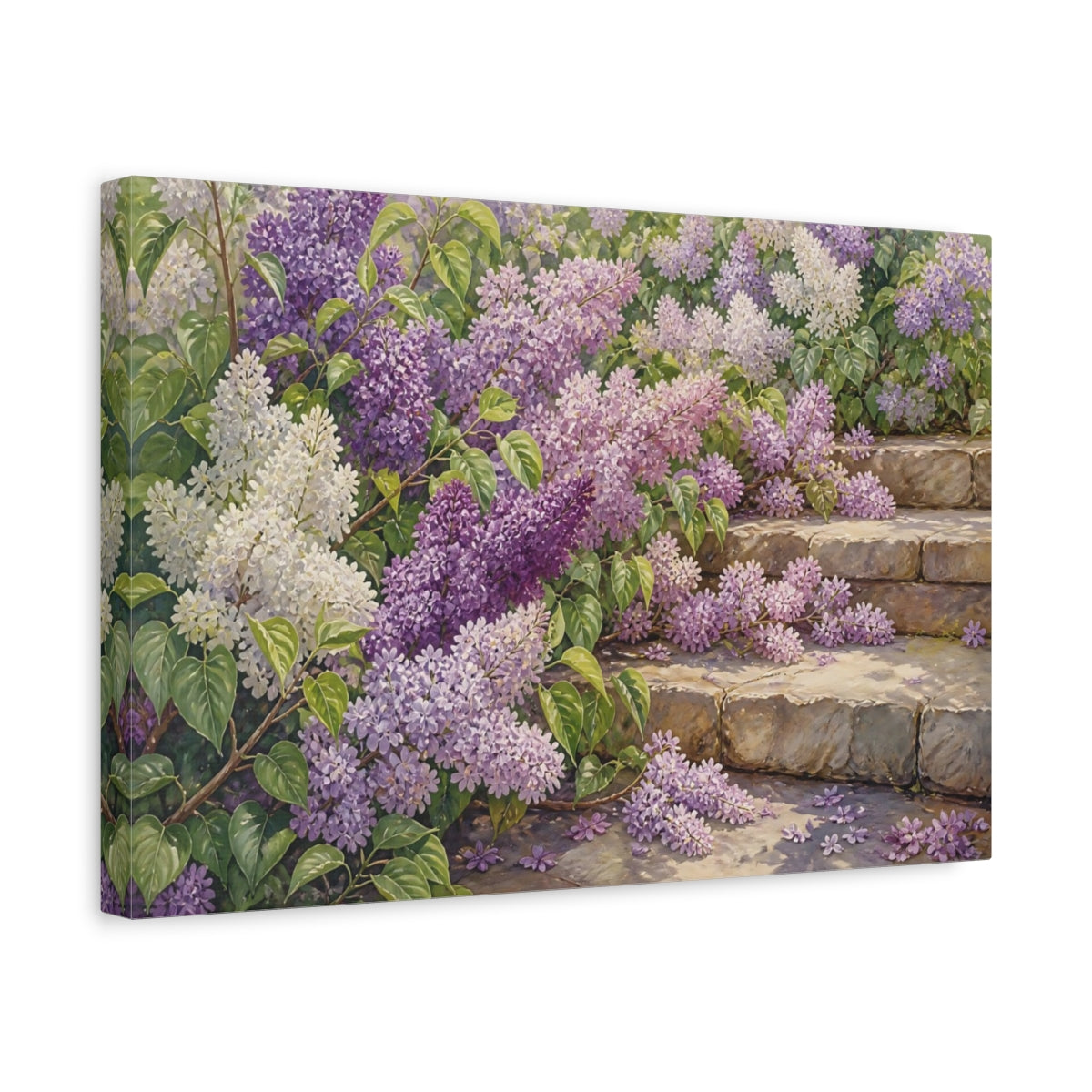 Side Mockup 4. Floral Lilacs Lilac Garden shown as stretched canvas wall art