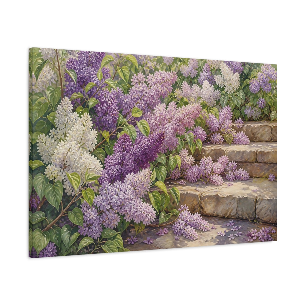 Main Mockup. Floral Lilacs Lilac Garden shown as stretched canvas wall art