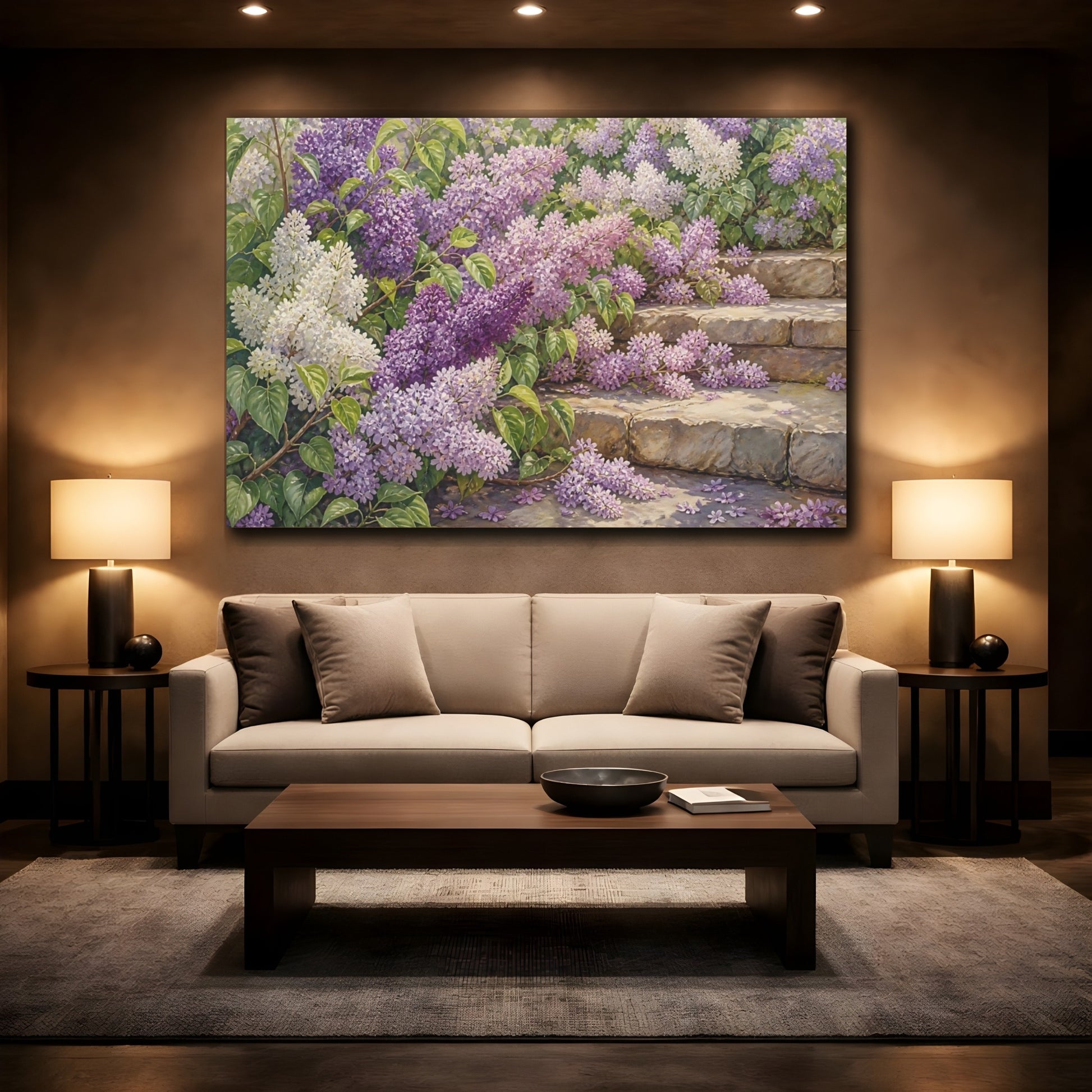 Mockup 2. Floral Lilacs Lilac Garden shown as stretched canvas wall art