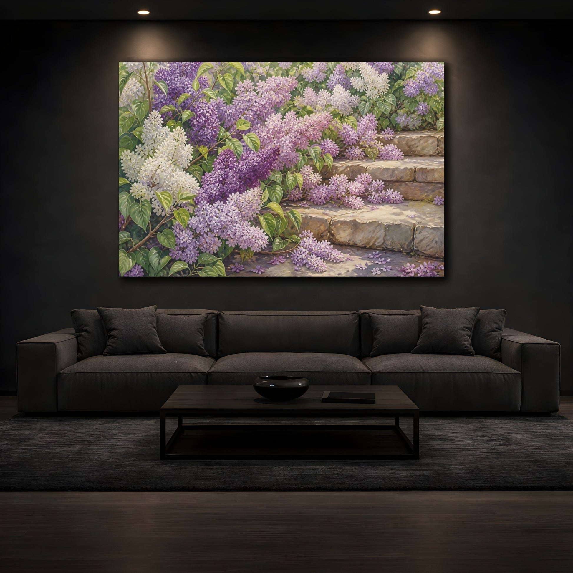 Mockup 3. Floral Lilacs Lilac Garden shown as stretched canvas wall art