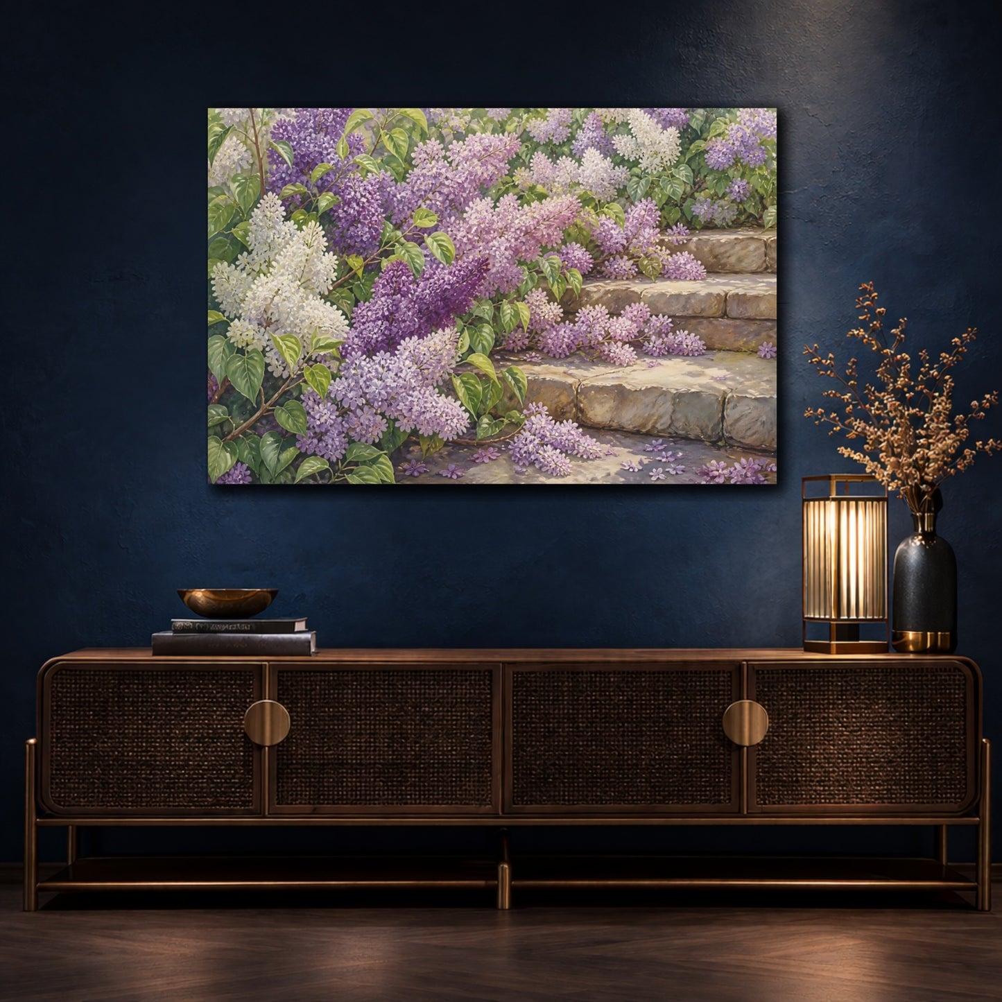 Mockup 4. Floral Lilacs Lilac Garden shown as stretched canvas wall art