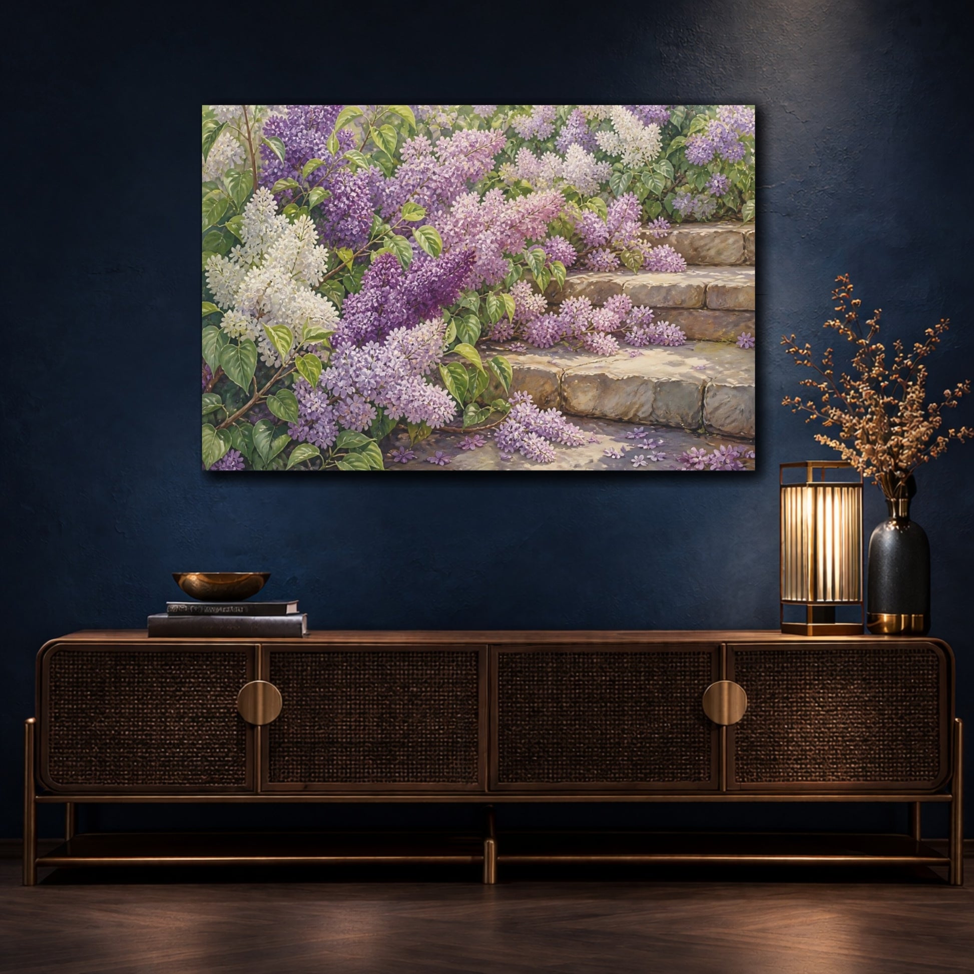 Mockup 4. Floral Lilacs Lilac Garden shown as stretched canvas wall art