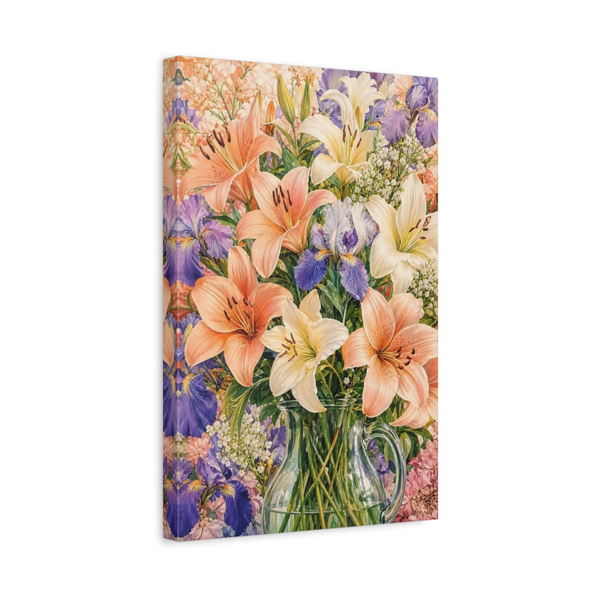 Side Mockup 4. Floral Lilies Irises Colorful Floral Bouquet shown as stretched canvas wall art