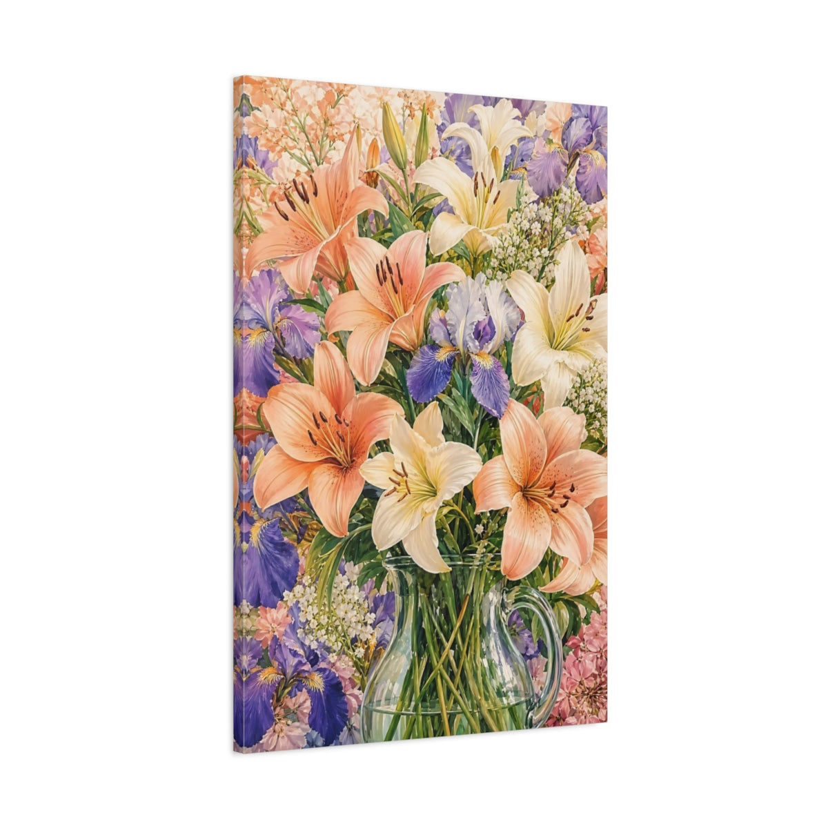 Main Mockup. Floral Lilies Irises Colorful Floral Bouquet shown as stretched canvas wall art