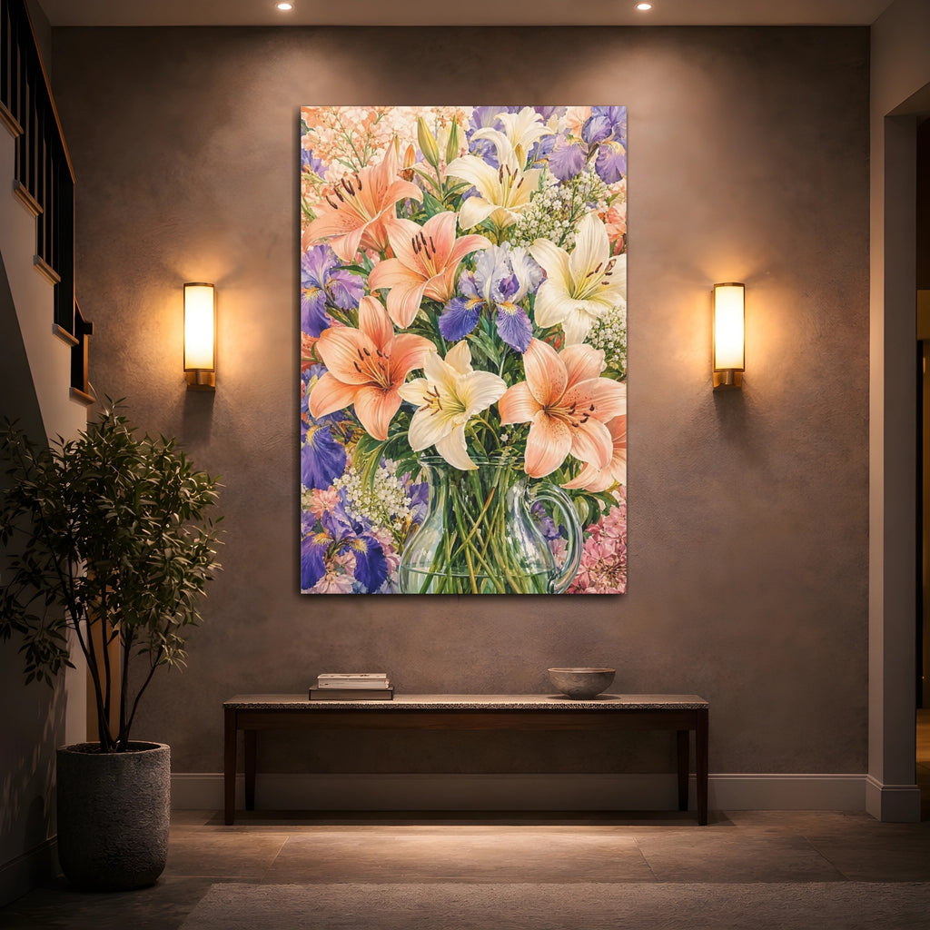 Mockup 2. Floral Lilies Irises Colorful Floral Bouquet shown as stretched canvas wall art
