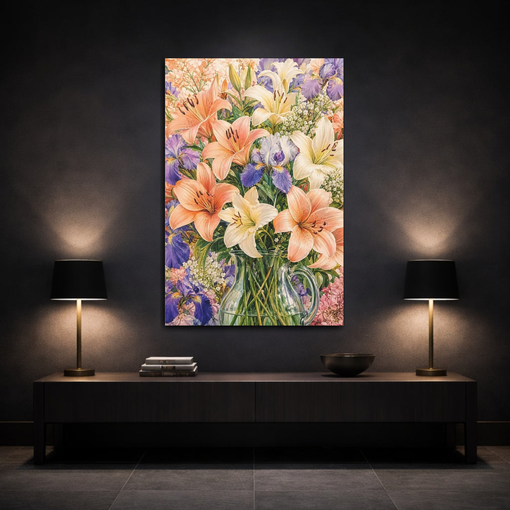 Mockup 3. Floral Lilies Irises Colorful Floral Bouquet shown as stretched canvas wall art