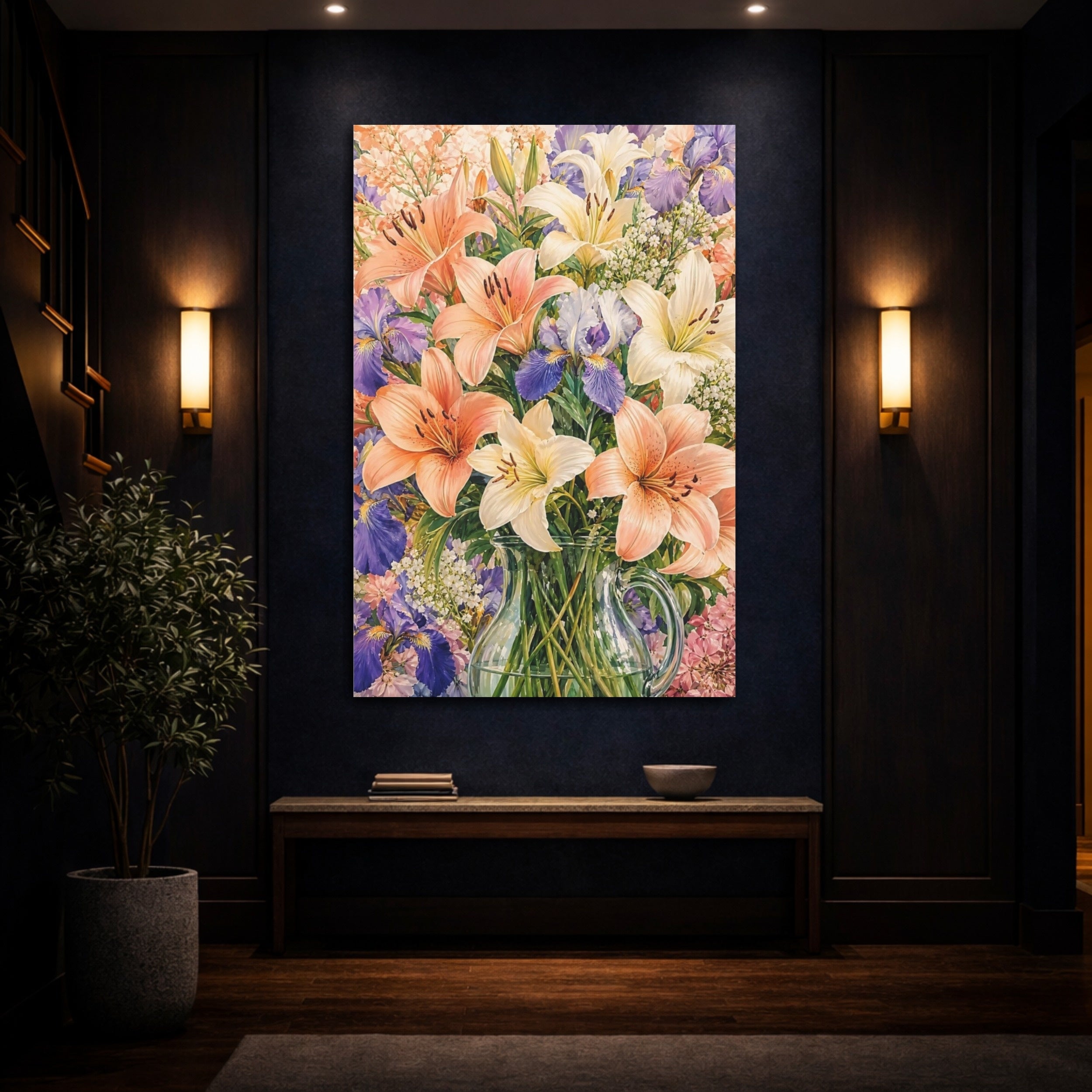 Mockup 4. Floral Lilies Irises Colorful Floral Bouquet shown as stretched canvas wall art