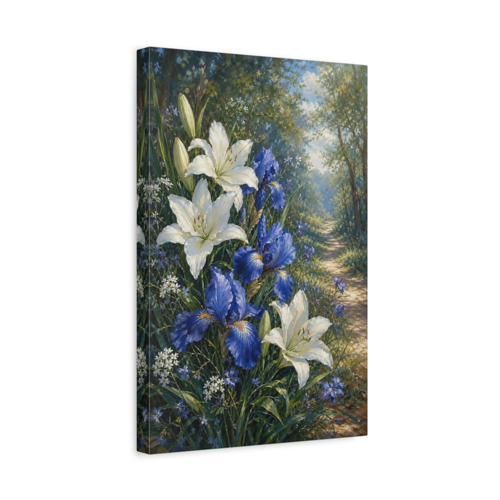 Side Mockup 4. Floral Lilies Irises White Blue Floral shown as stretched canvas wall art