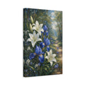 Side Mockup 4. Floral Lilies Irises White Blue Floral shown as stretched canvas wall art